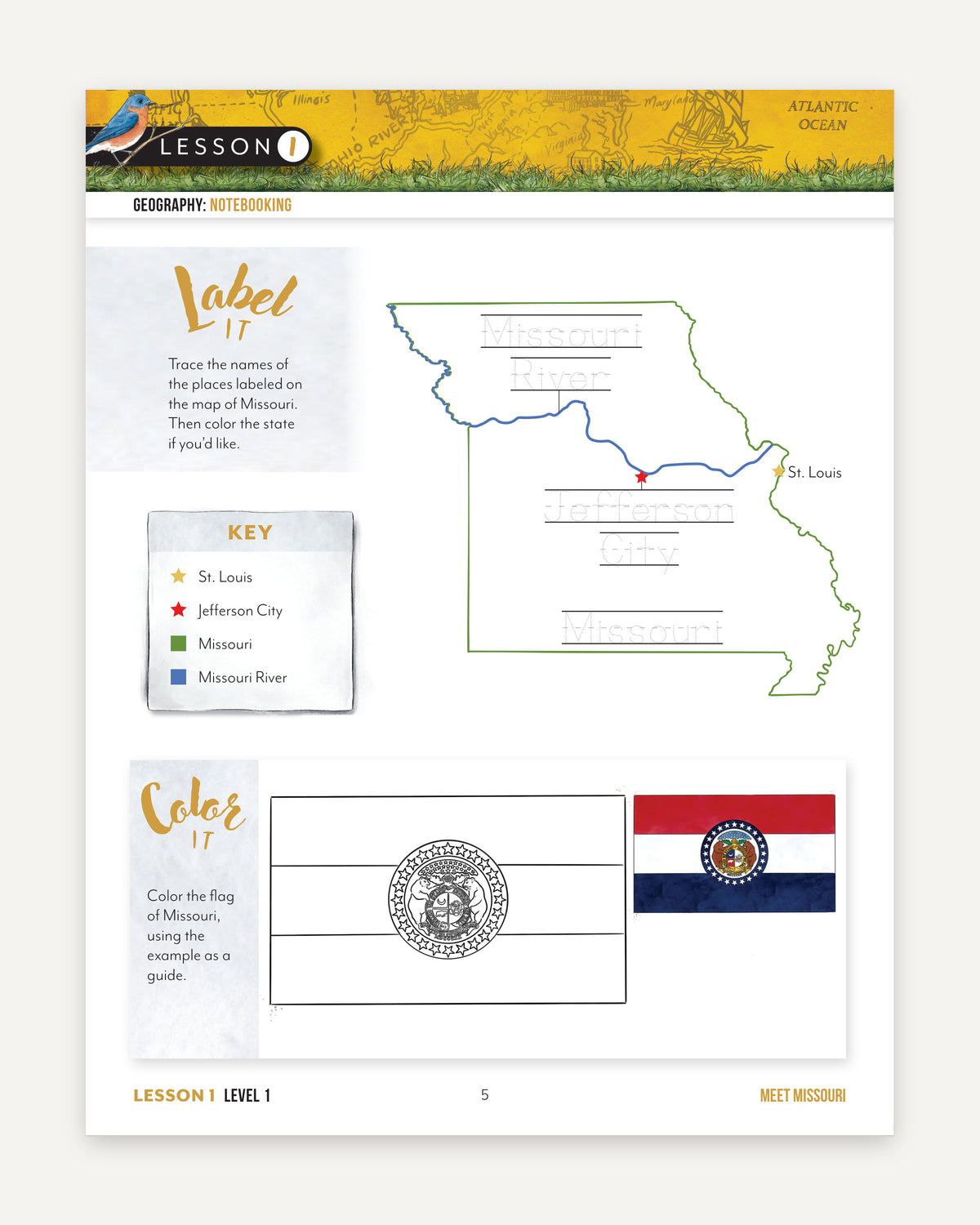 Missouri geography worksheet page from Meet Missouri, Lesson 1 Level 1, showing a labeled map of Missouri, a state key, and a Missouri flag coloring activity on a white page with a yellow header.
