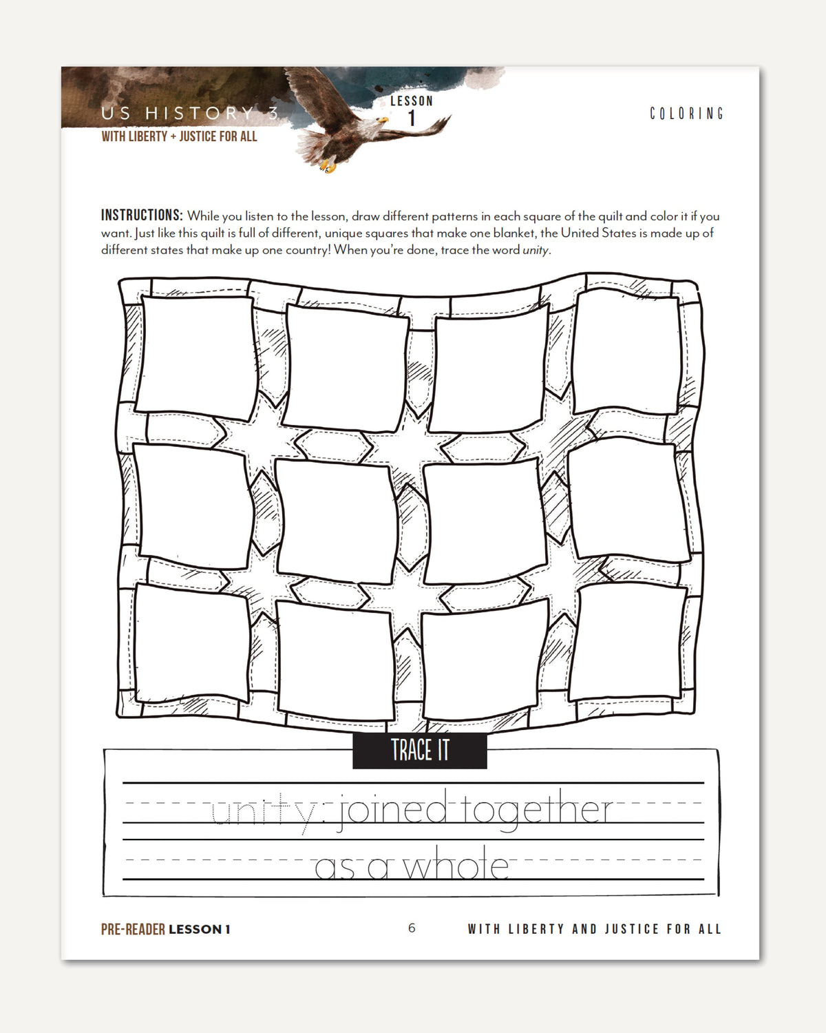 US History 3: Growing Identity: 1816-1899 Adventures Though History Homeschool Printed Pre-Reader Student Book Lesson 1 Coloring