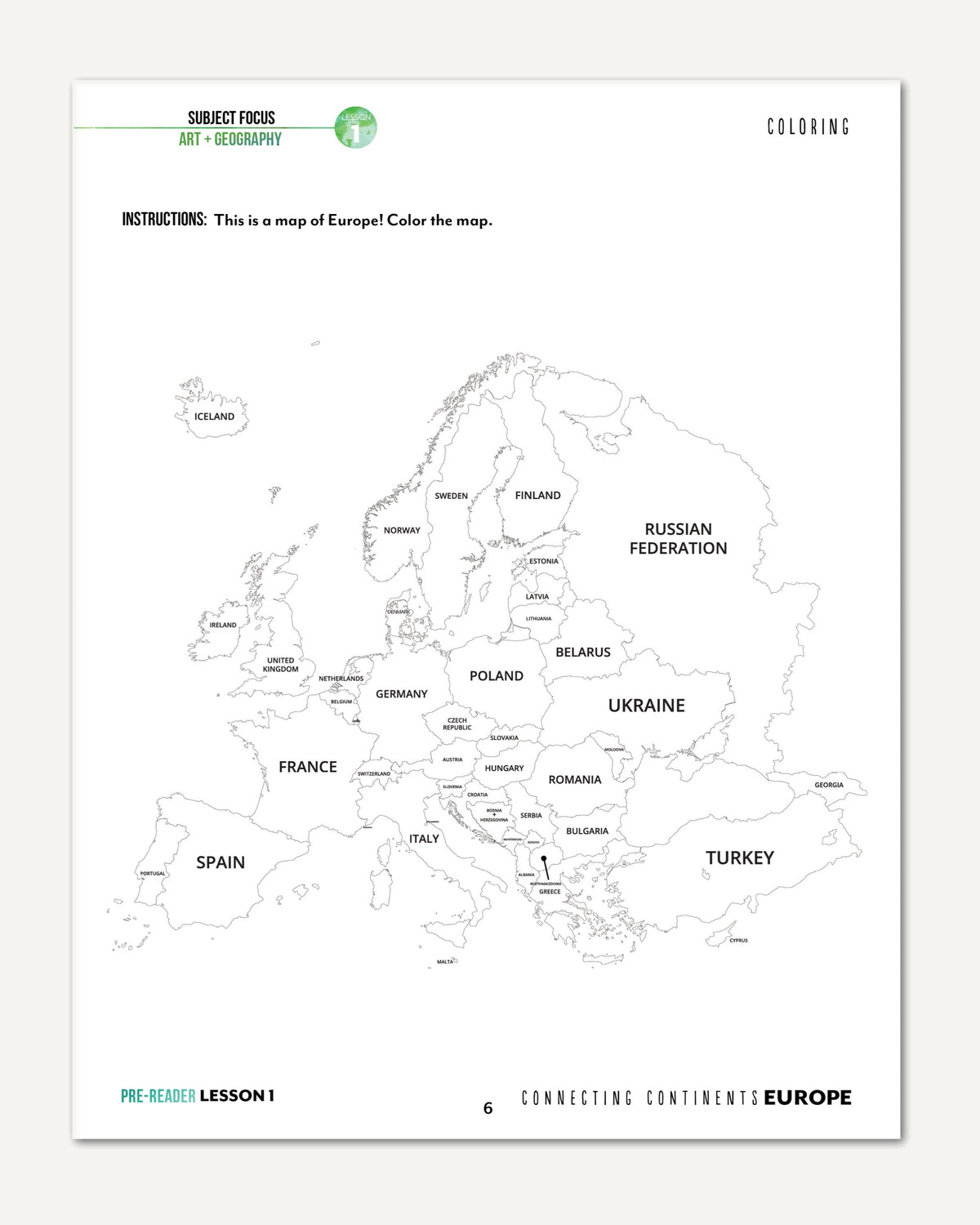 Europe homeschool unit study printed student book pre-reader lesson one