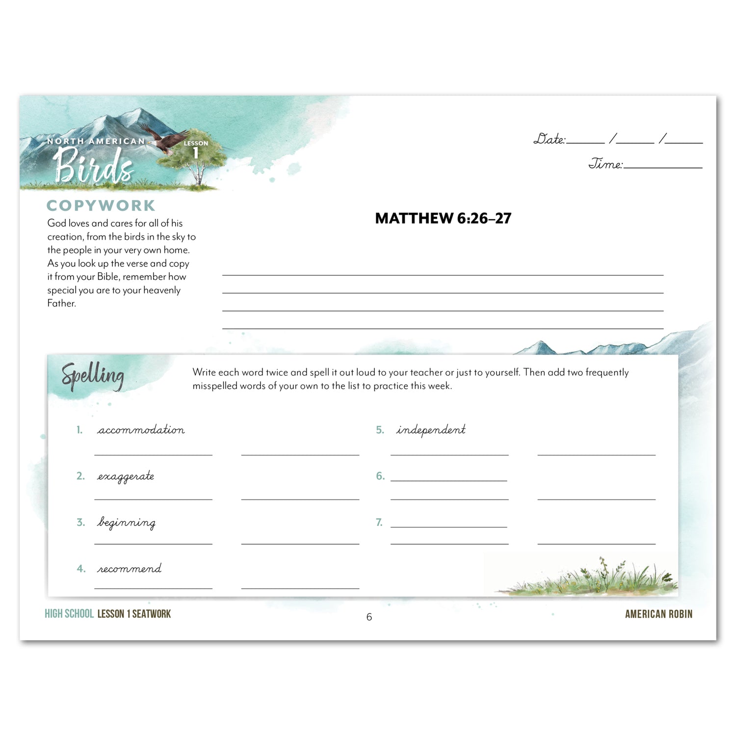 North American Birds part two homeschool unit study print student seatwork journal in cursive for High School lesson one