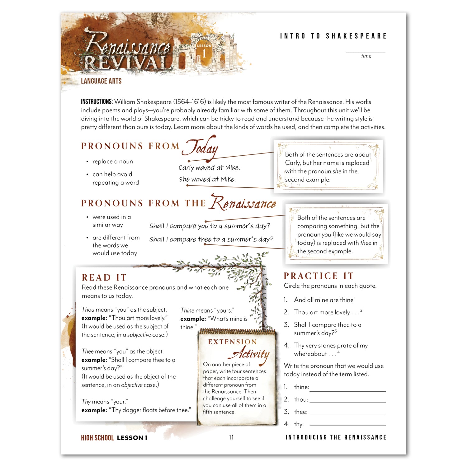 Renaissance and Revival Homeschool Unit Study Printed Digital High School Student Book Lesson 1 Intro to Shakespeare