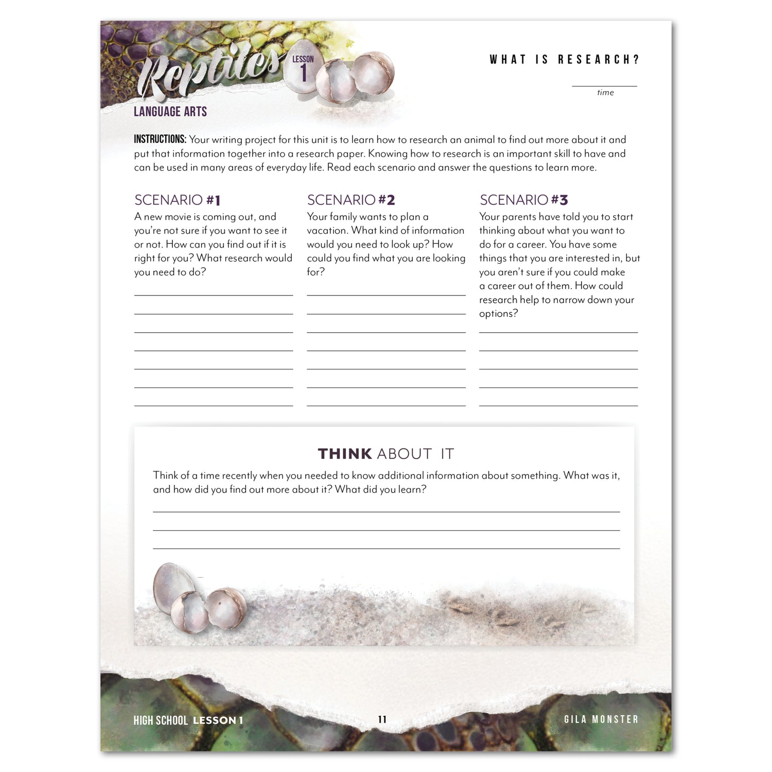 Reptiles homeschool unit study printed student workbook High School what is research worksheet