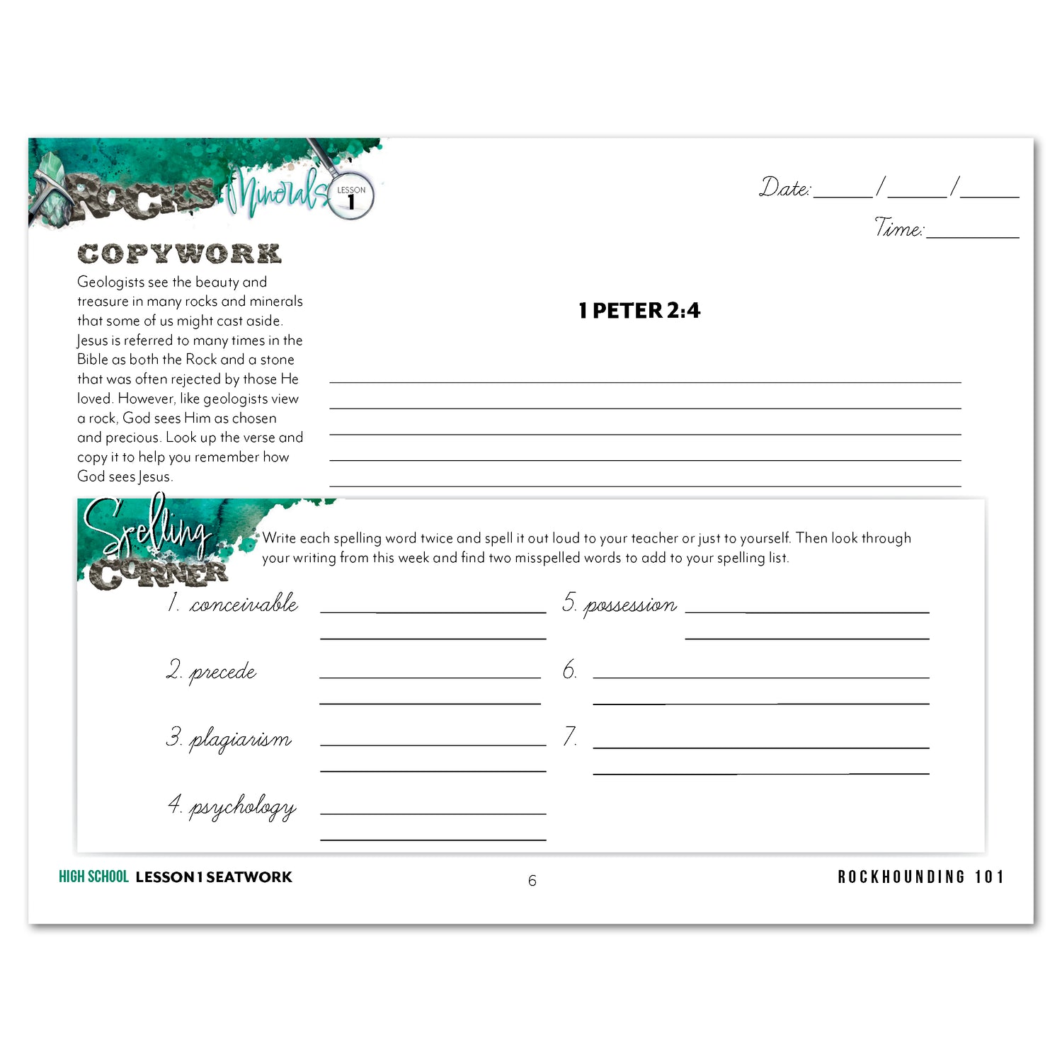 Rocks + Minerals homeschool unit study printed student seatwork journal in cursive for High School worksheet