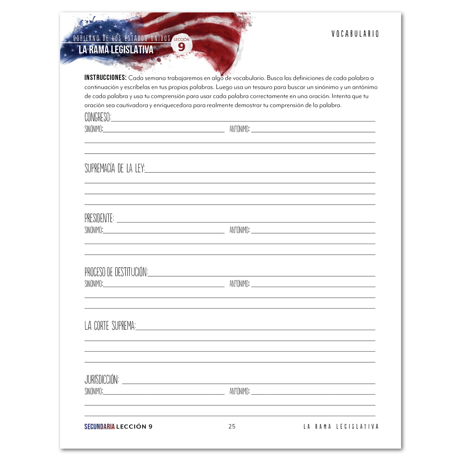 US Government Spanish Edition Homeschool Unit Study Digital Download High School Student Book Vocabulary