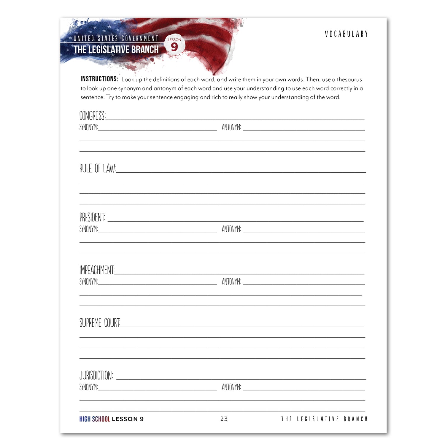 US Government Homeschool Study Unit Digital Printed High School Student Book Lesson 9 Vocabulary