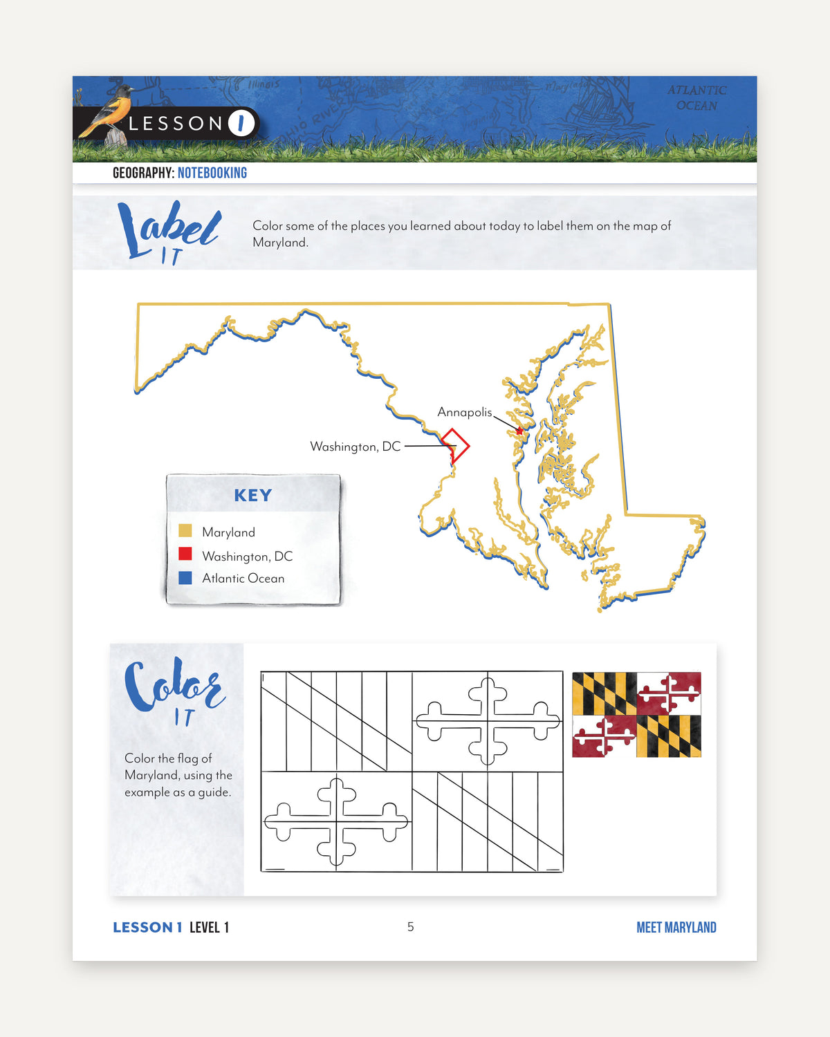 Fifty States: Maryland homeschool unit study, digital Level 1 Student Book Sample Page