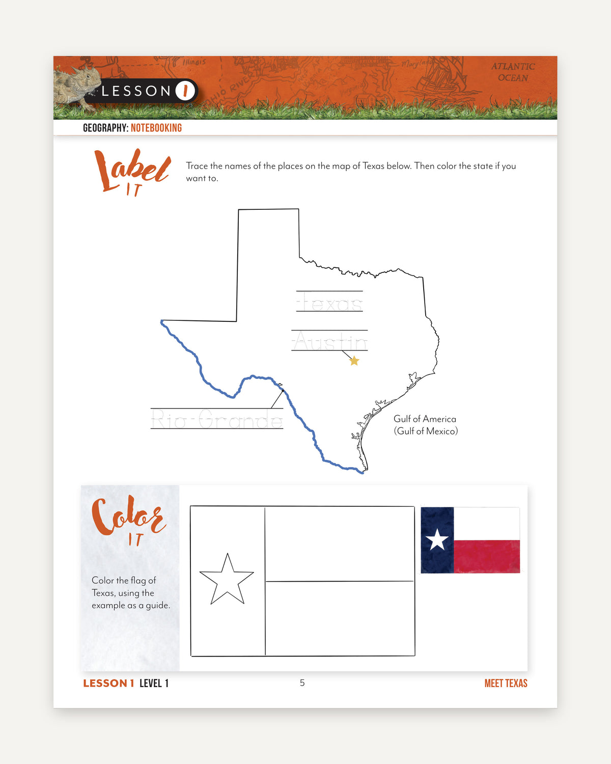 Lesson 1 Level 1 Geography Notebook worksheet page titled 'Meet Texas' showing a map outline of Texas with tracing lines, a Gulf of Mexico label, and a Texas flag coloring guide on a white page with an orange header.