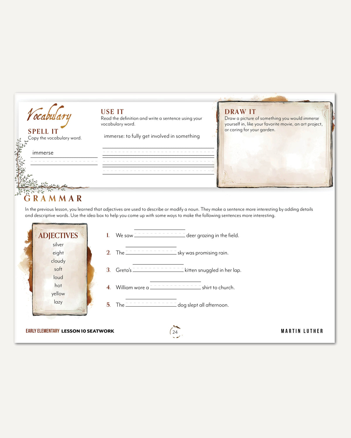 Renaissance and Revival Homeschool Unit Study Digital Seatwork Journal Manuscript Early Elementary Lesson 10 Vocabulary and Grammar