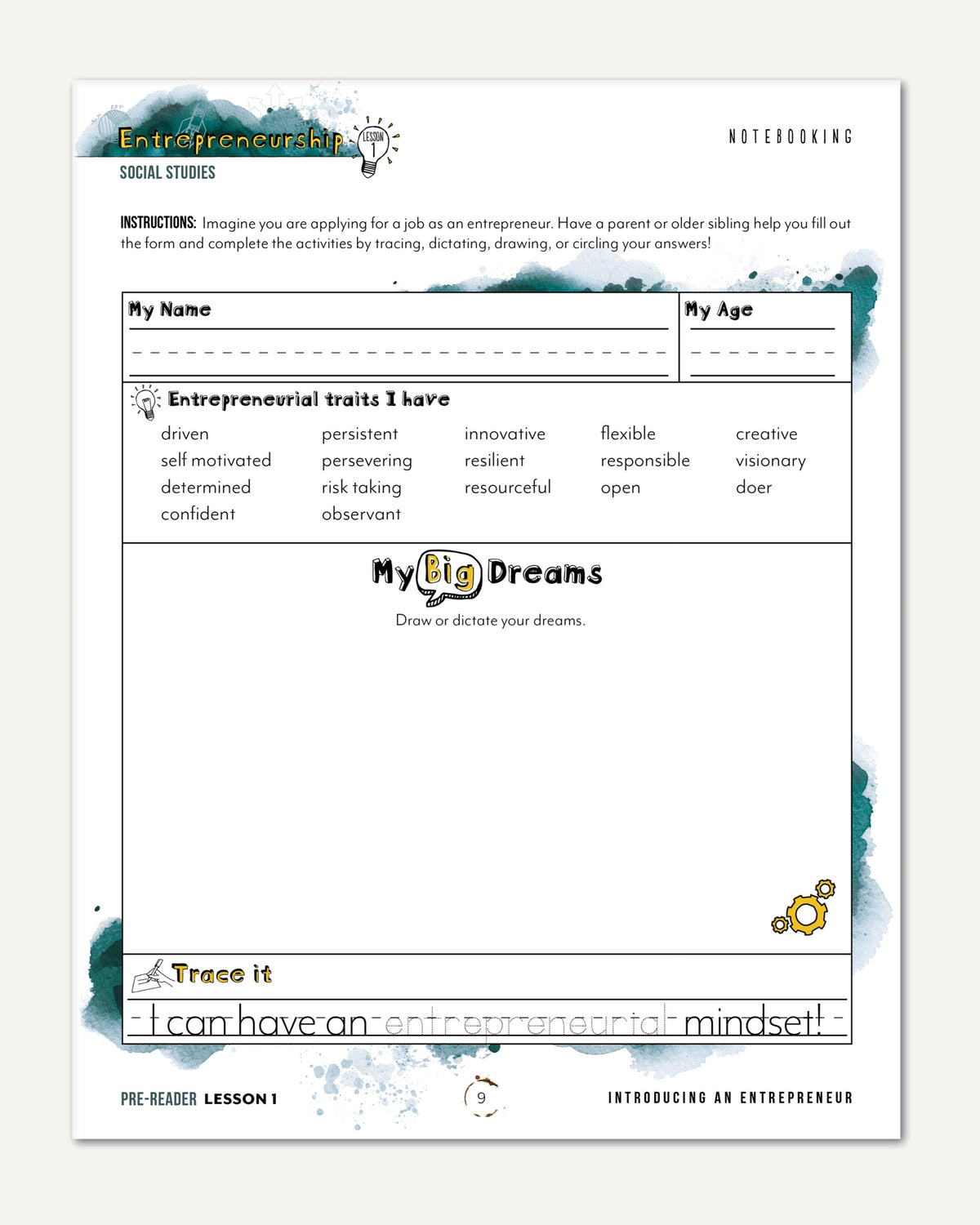 Entrepreneurship Homeschool Unit Study Digital Pre-Reader Student Book Lesson 1 Notebooking