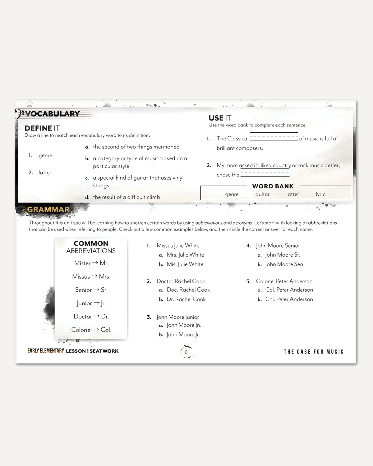 Music homeschool unit study digital student seatwork journal in manuscript for early elementary lesson one