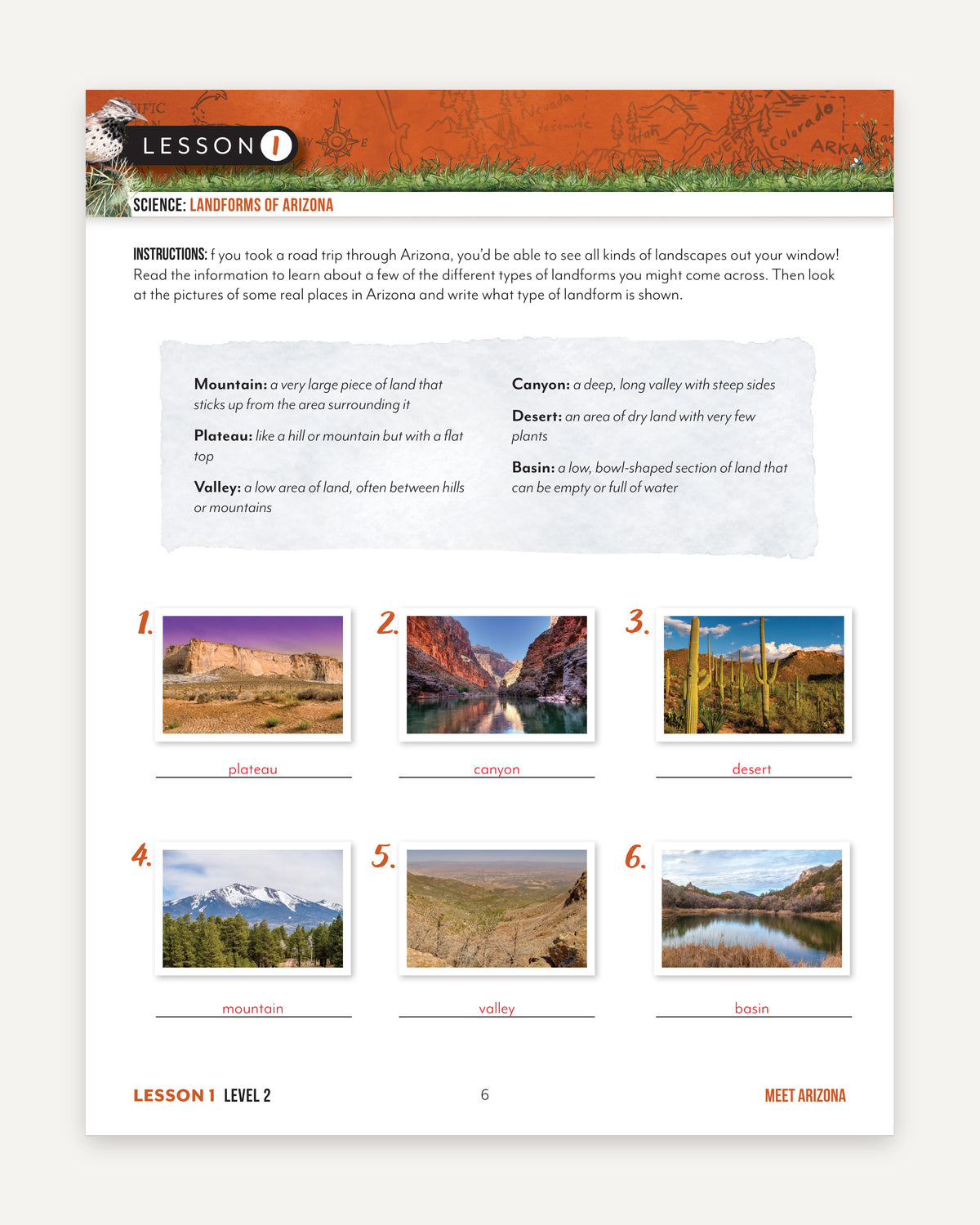 Arizona Fifty States Homeschool Unit Study Digital Student Book Page Level 2 Lesson 1