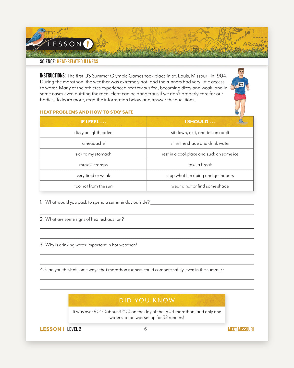 Level 2 Student Book page about heat-related illness. Shows an illustration of a runner, an information box, and questions to answer.