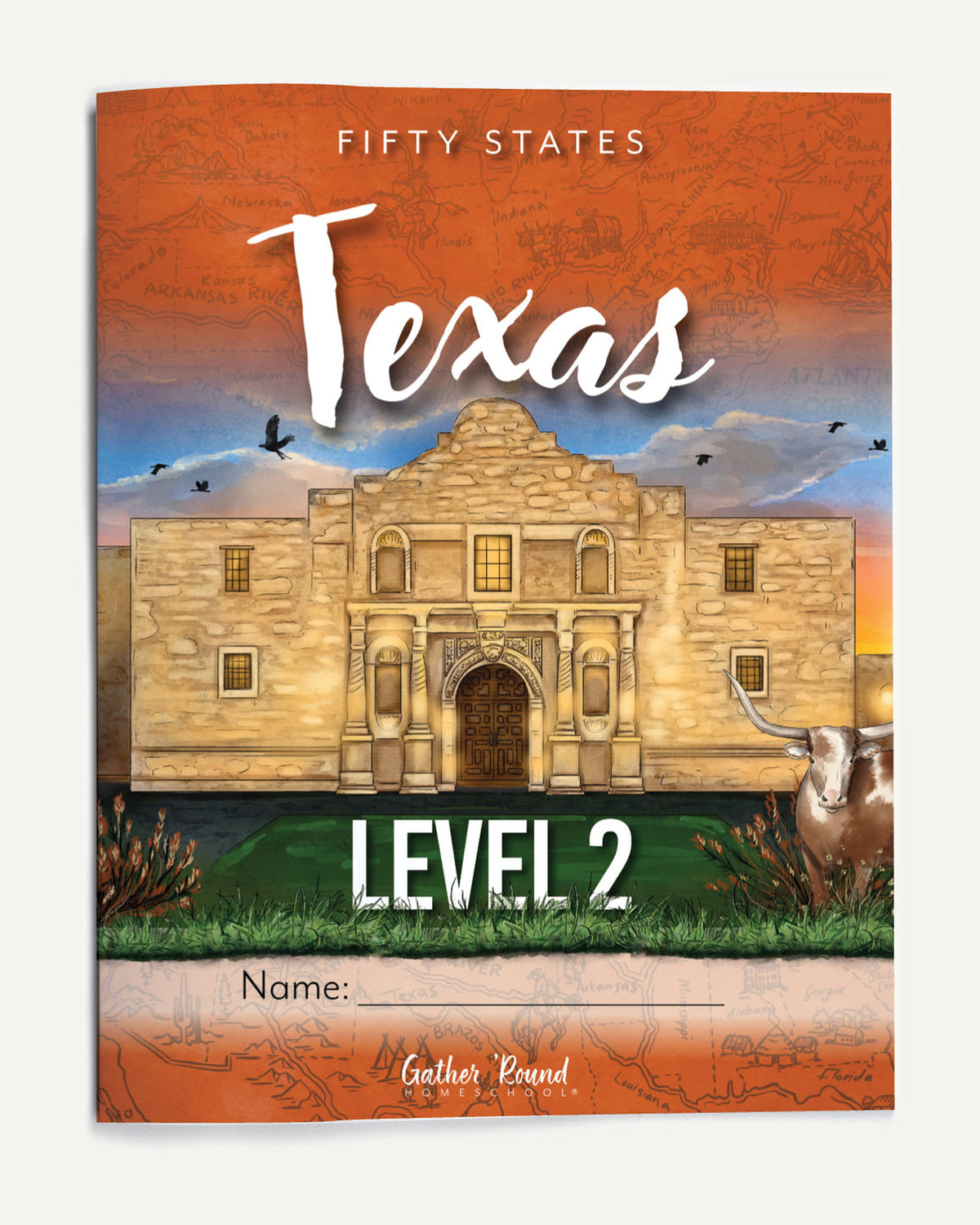 Book cover featuring an illustrated Alamo scene, the words 'FIFTY STATES TEXAS LEVEL 2,' and a name field at the bottom.