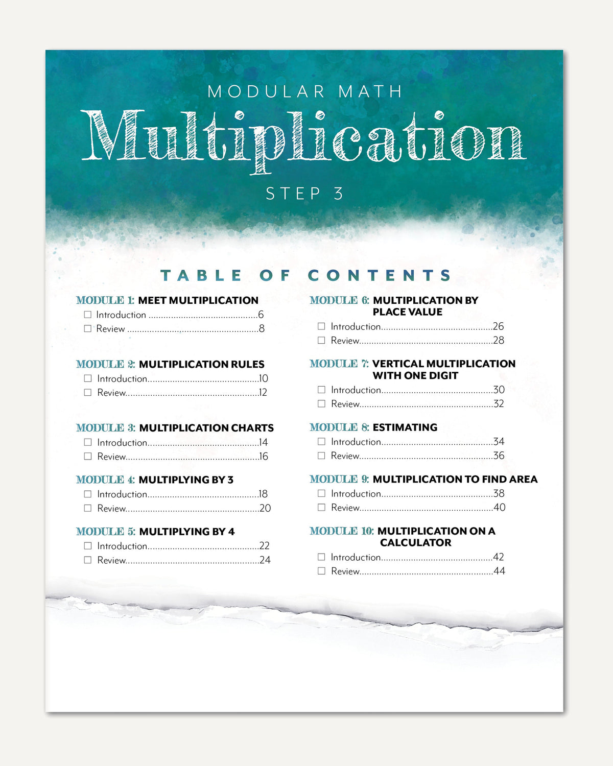 Modular Math: Multiplication homeschool unit study, printed Sample Page