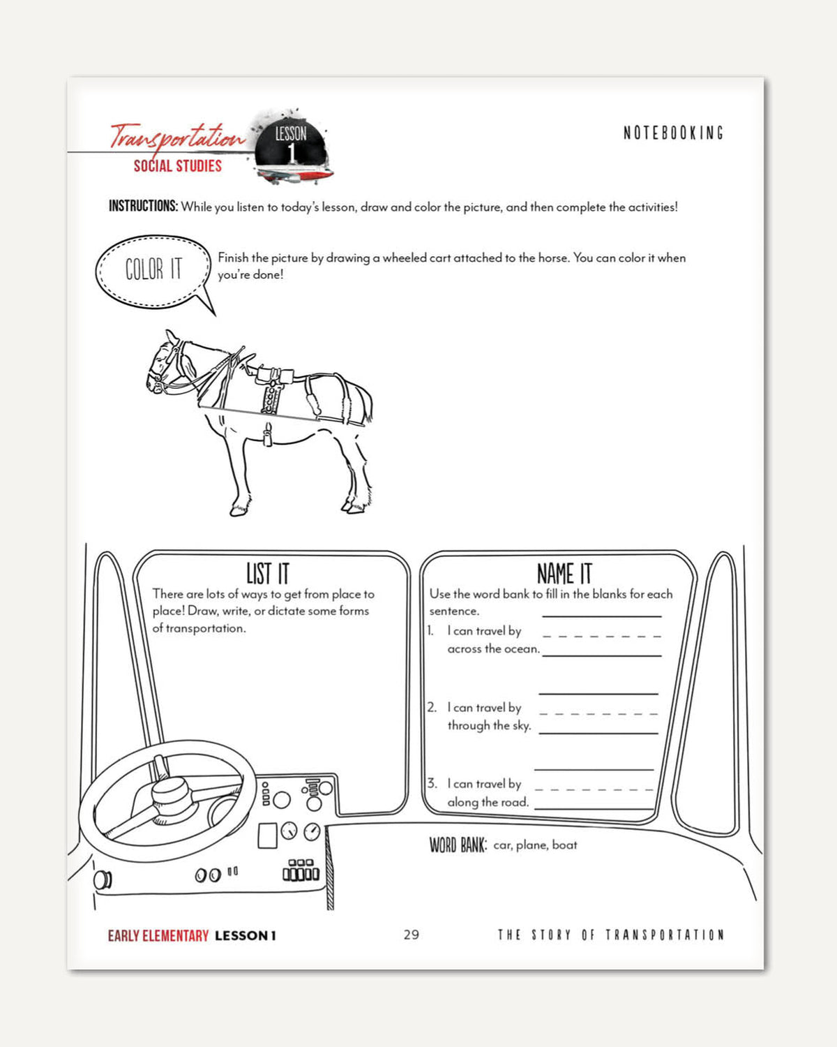 Transportation Homeschool Unit Study Digital Early Elementary Student Book Lesson 1 Notebooking