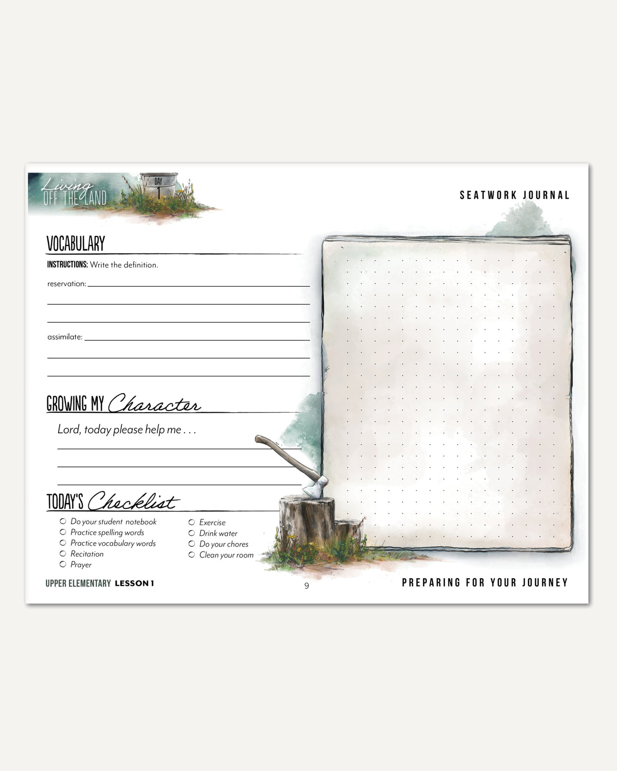 Living Off the Land homeschool unit seatwork journal digital Upper Elementary student notebook in manuscript lesson one