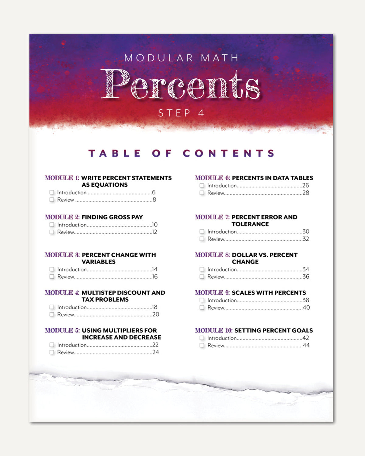 Table of contents page for a modular math curriculum titled 'Percents Step 4,' with a purple-to-white gradient header and black text listing modules on a white background with a torn-paper effect at the bottom.