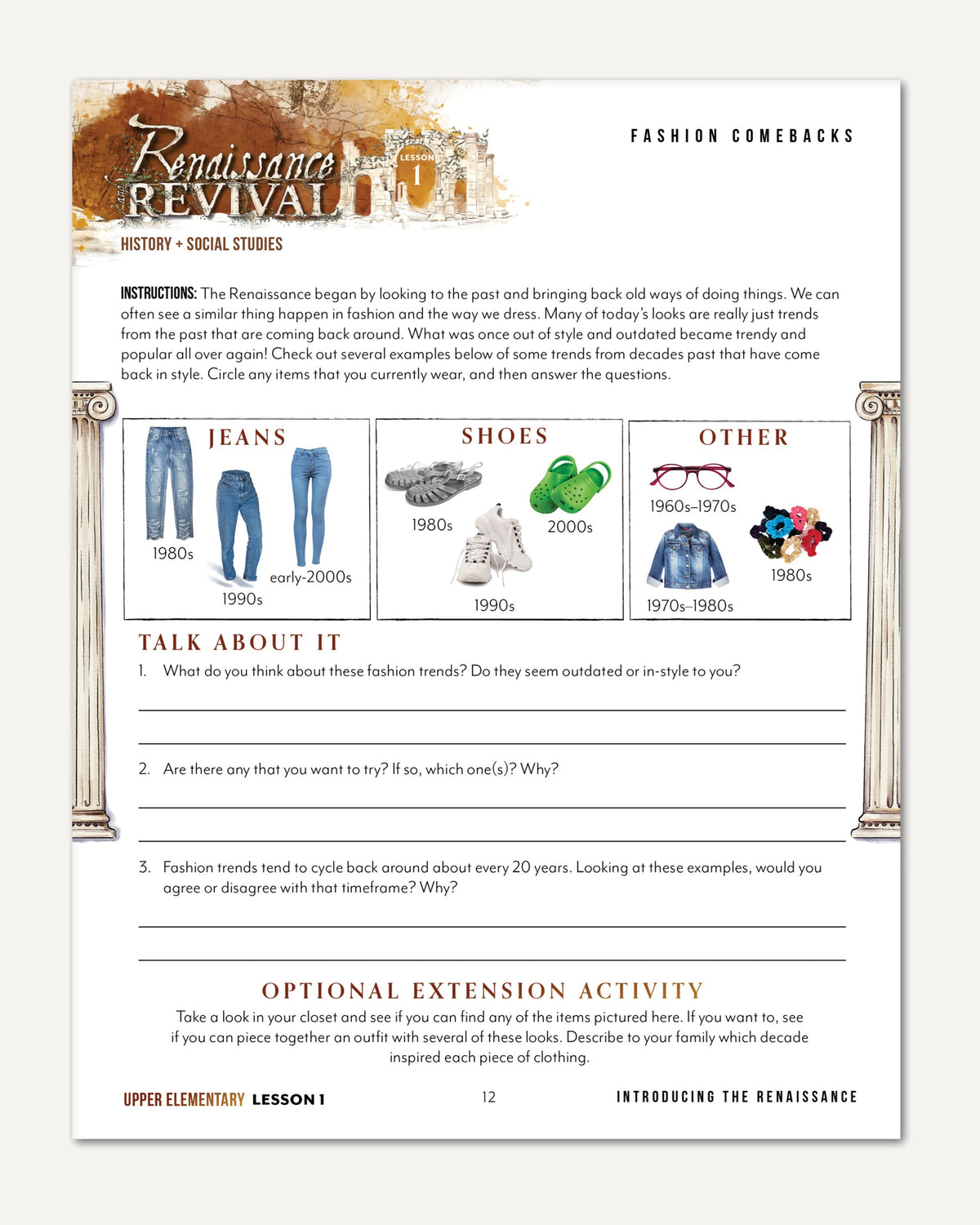 Renaissance and Revival Homeschool Unit Study Printed Digital Upper Elementary Student Book Lesson 1 Fashion Comebacks