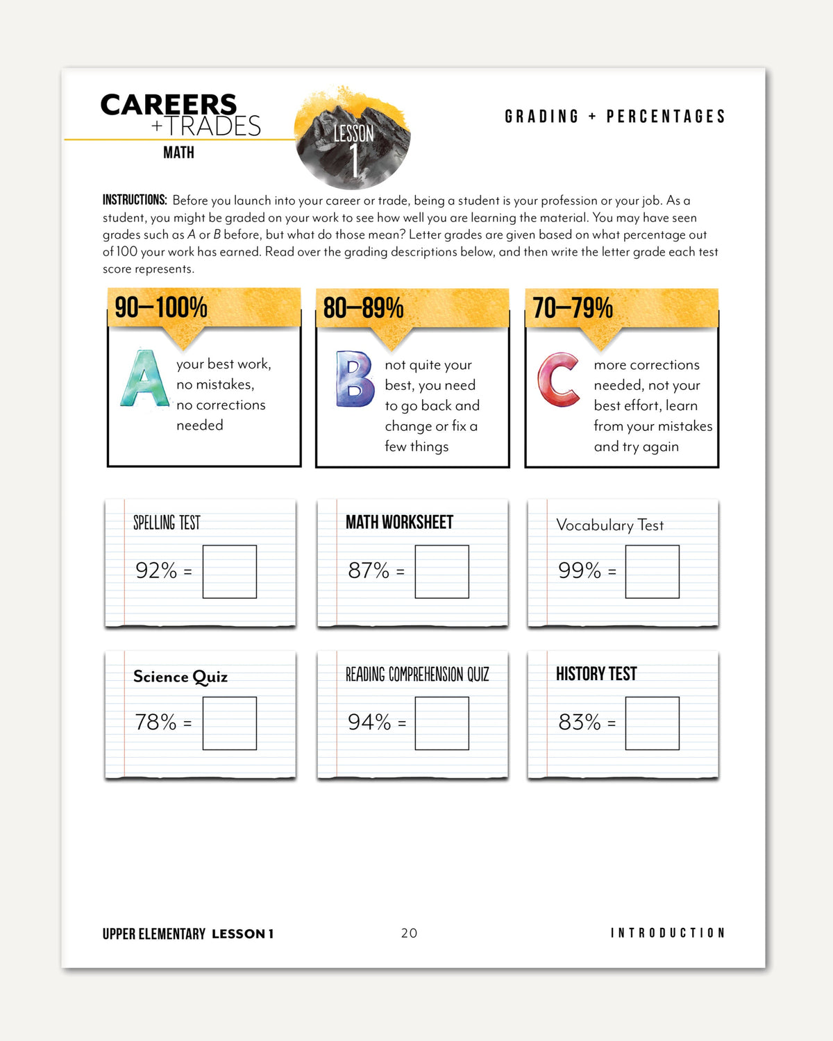 Careers + Trades Homeschool Unit Study Digital Upper Elementary Student Book Daily Lesson 1 Grading and Percentages