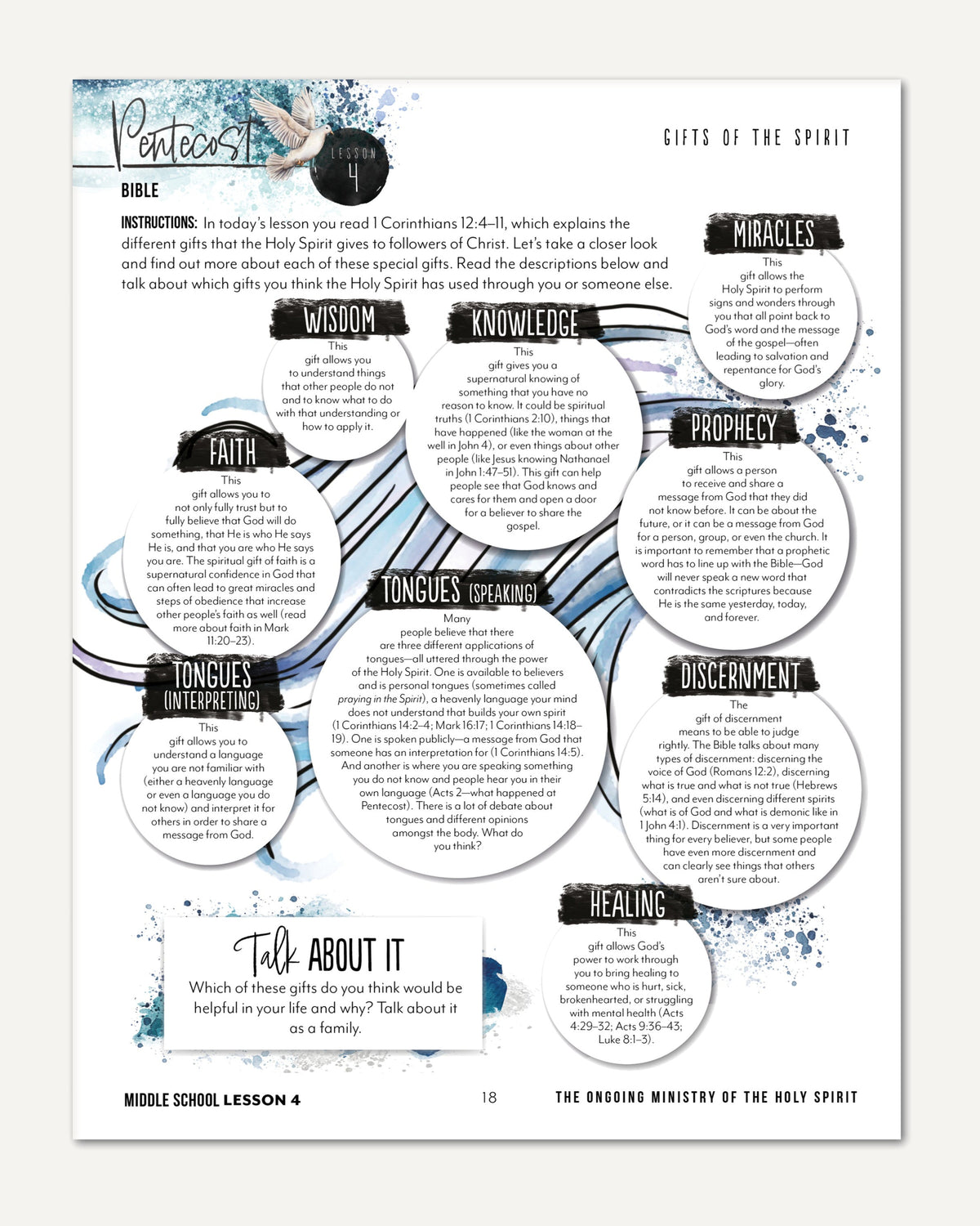 Pentecost Homeschool Unit Study Printed Middle School Student Book Lesson 1 Gifts of the Spirit