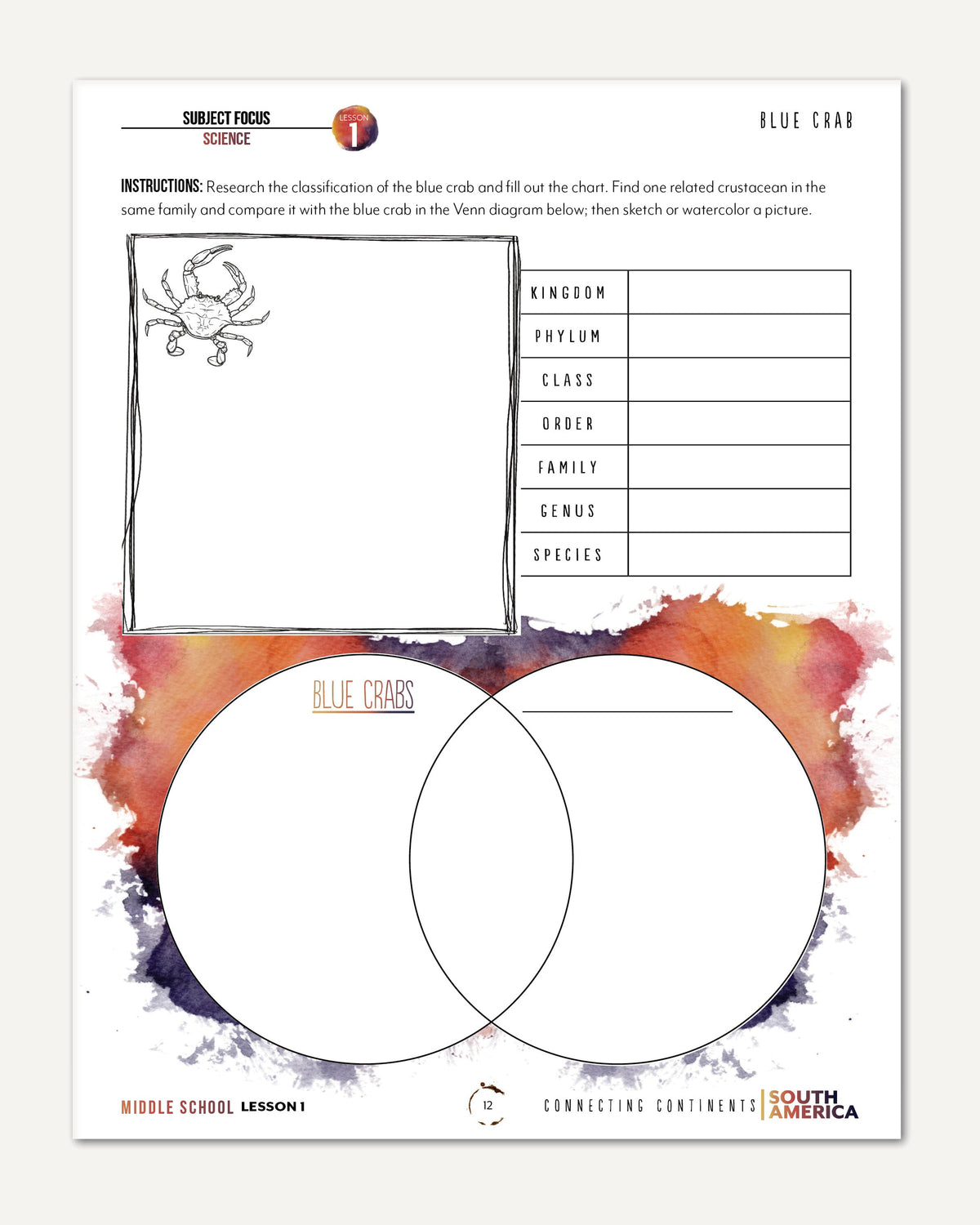 South America homeschool unit study digital student workbook in Middle School with Teacher's Guide combo blue crab worksheet