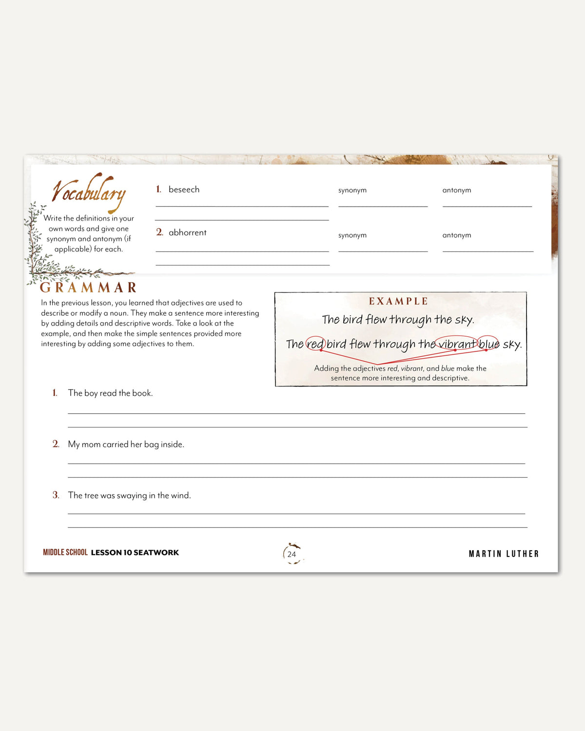 Renaissance and Revival Homeschool Unit Study Digital Seatwork Journal Manuscript Middle School Lesson 10 Vocabulary and Grammar