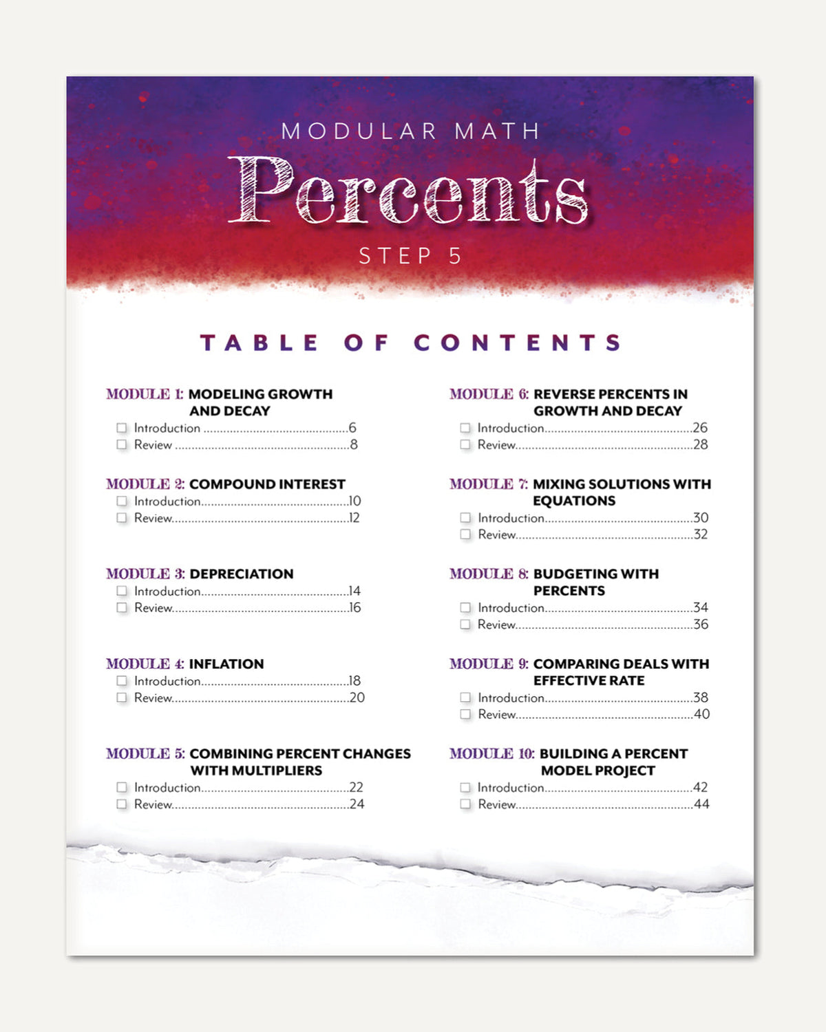 Table of contents page for a modular math curriculum titled 'Percents Step 5,' with a purple-to-white gradient header and black text listing modules on a white background with a torn-paper effect at the bottom.