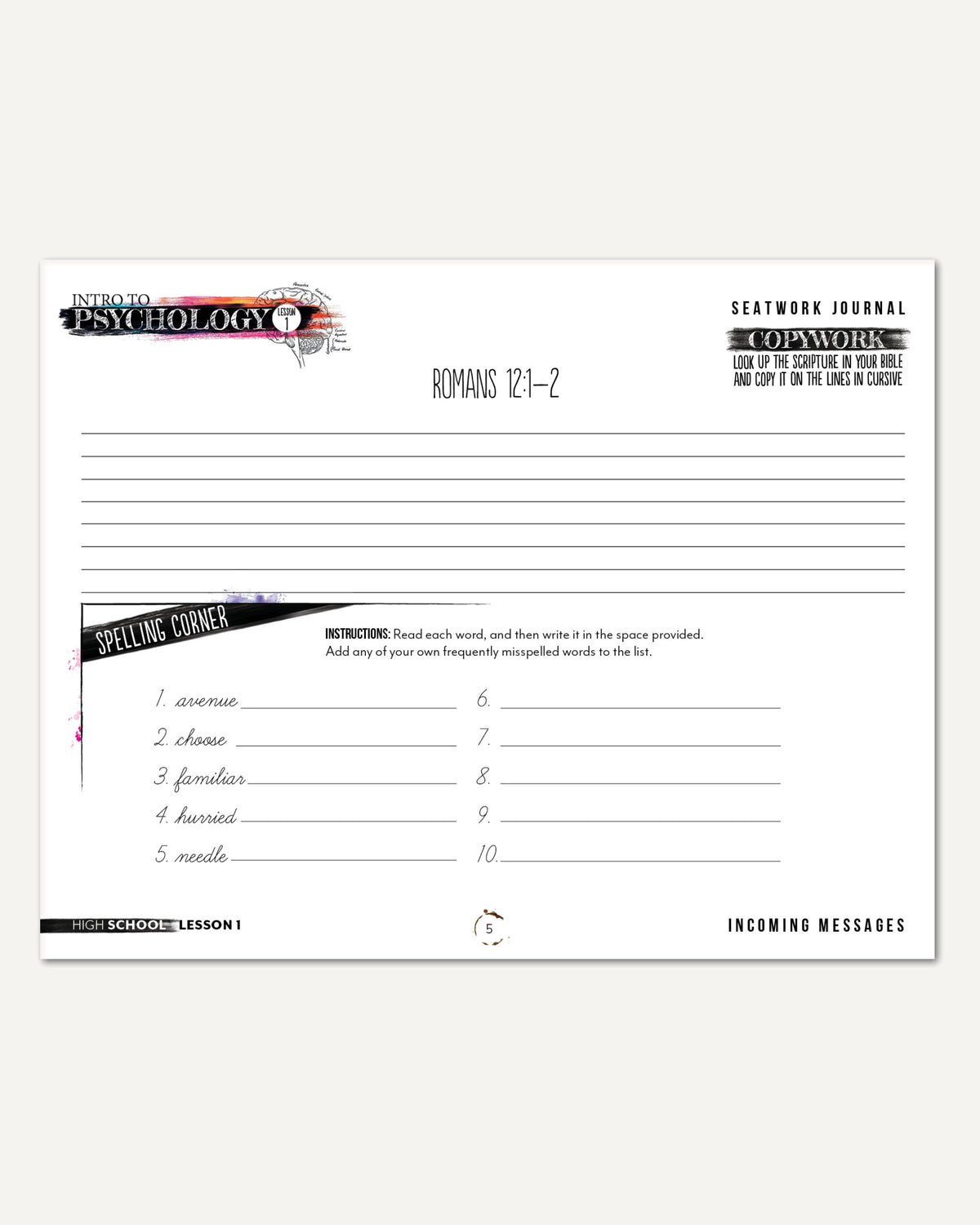 Psychology homeschool unit study digital student seatwork journal cursive in high school worksheet