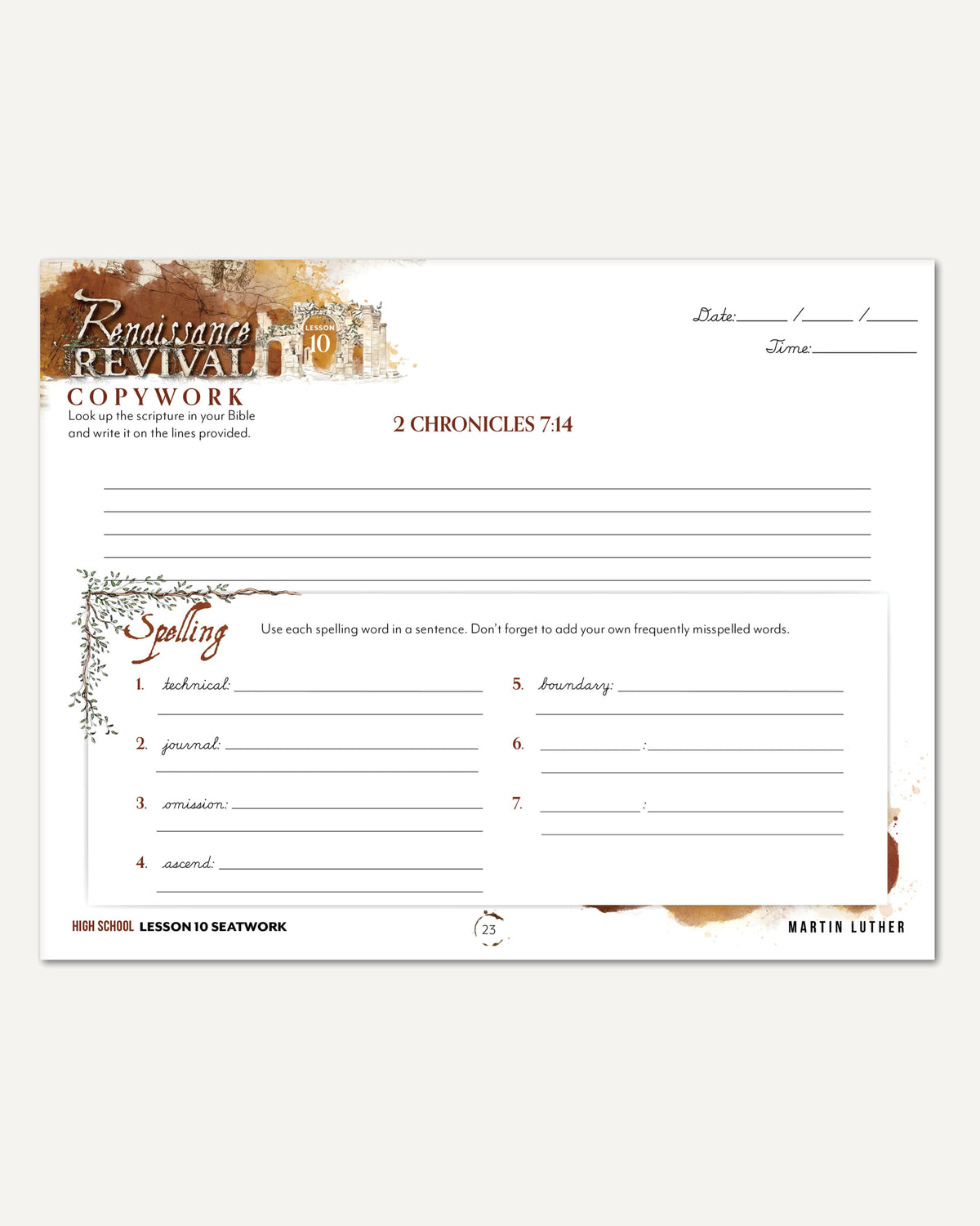 Renaissance and Revival Homeschool Unit Study Digital Seatwork Journal Cursive High School Lesson 10 Copywork and Spelling