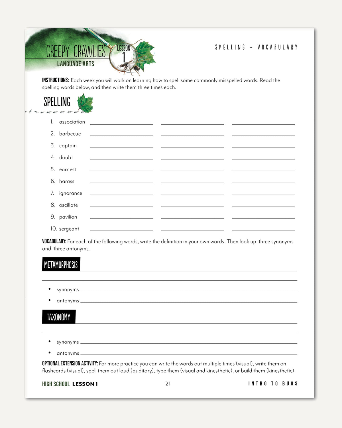 Creepy Crawlies Homeschool Unit Study Digital High School Student Book Lesson 1 Spelling and Vocabulary