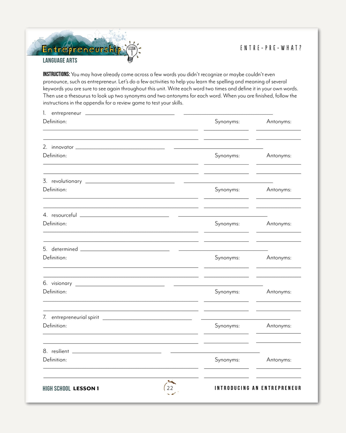 Entrepreneurship Homeschool Unit Study Digital High School Student Book Lesson 1 Entre-pre-what?