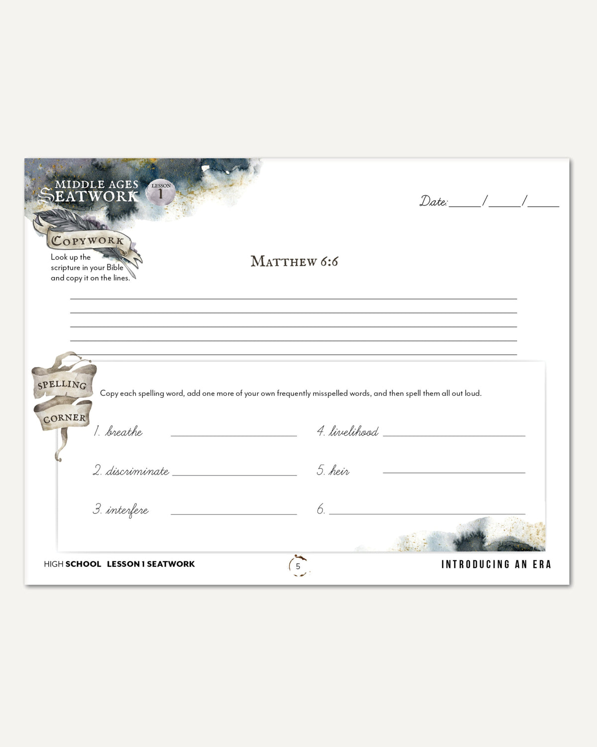 Middle Ages homeschool unit study digital student seatwork book in cursive for high school lesson one