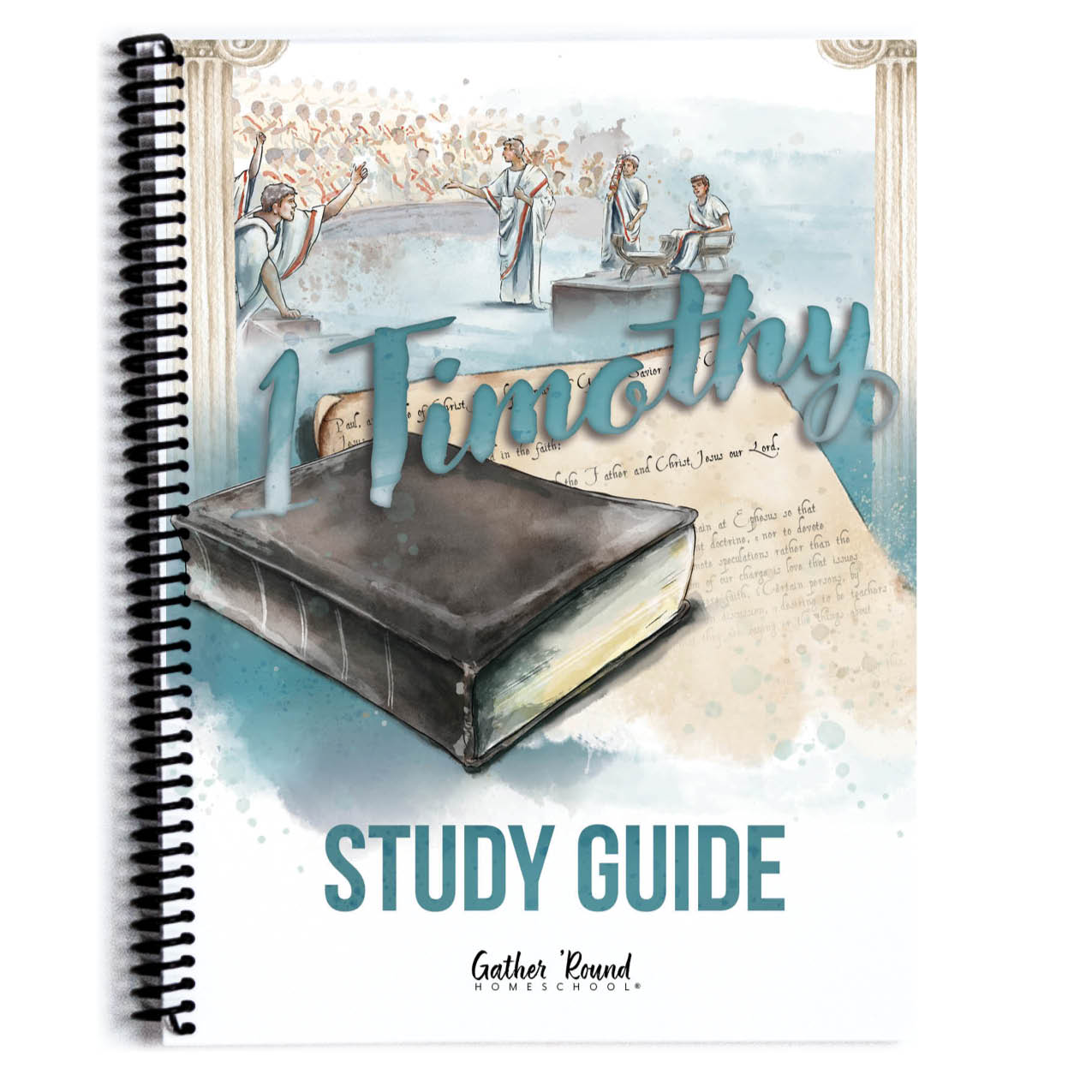 Study guide with illustration of Bible and people, titled '1 Timothy.'