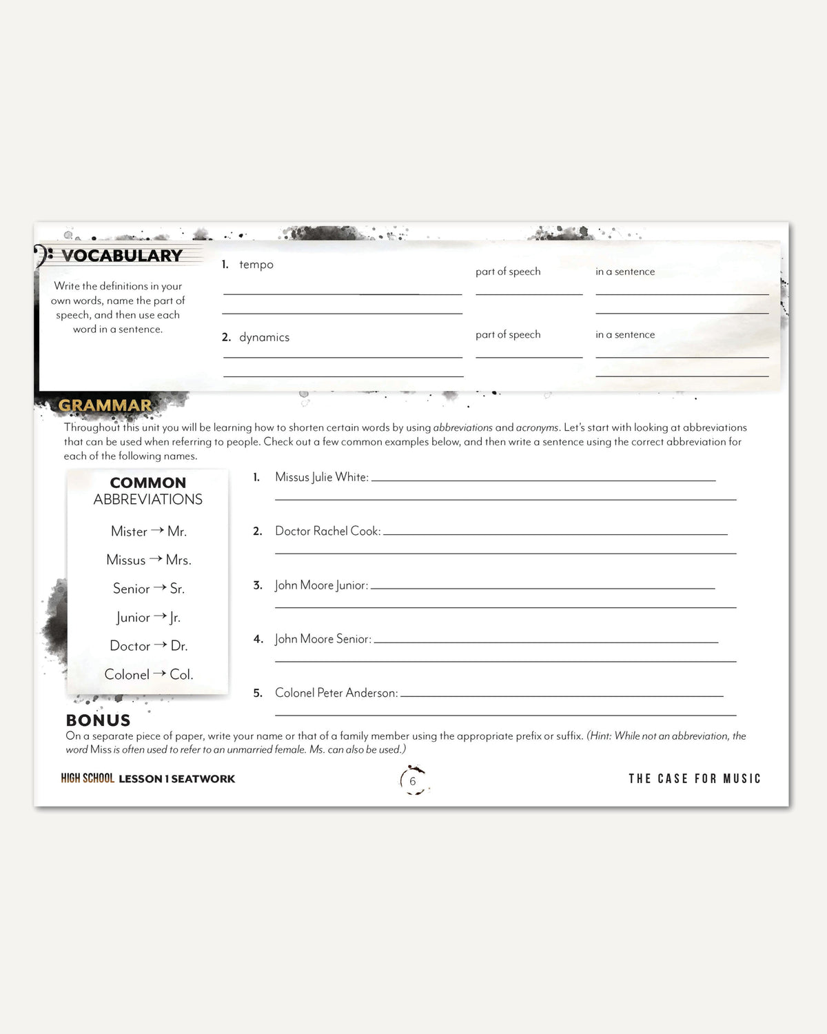 Music homeschool unit study digital student seatwork journal in manuscript for high school lesson one
