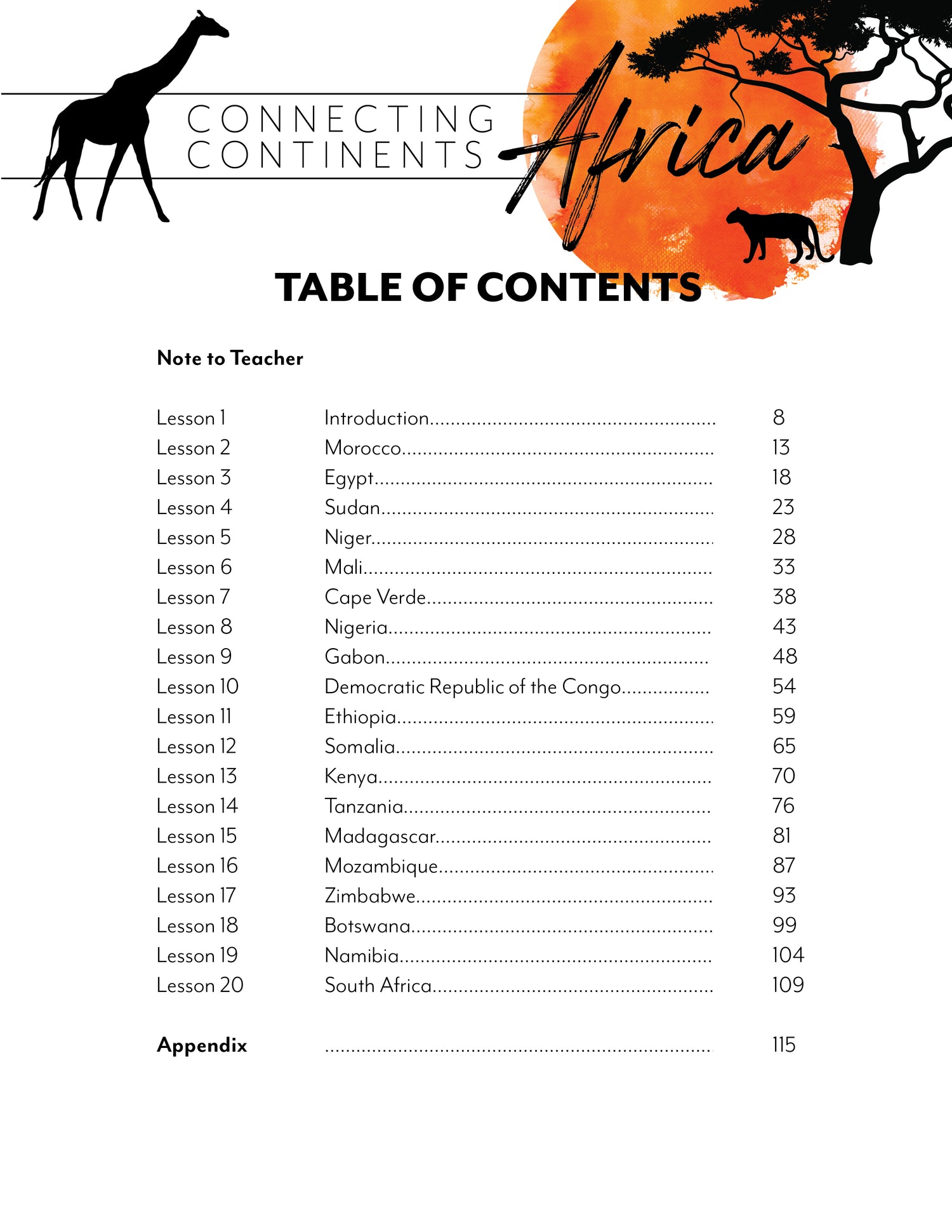 Africa homeschool unit study Digital Teacher's Guide Table of Contents