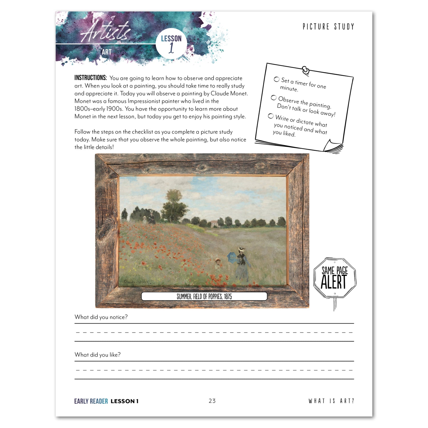 Artist Homeschool Unit Study Early Reader Student Book Lesson 1 Page