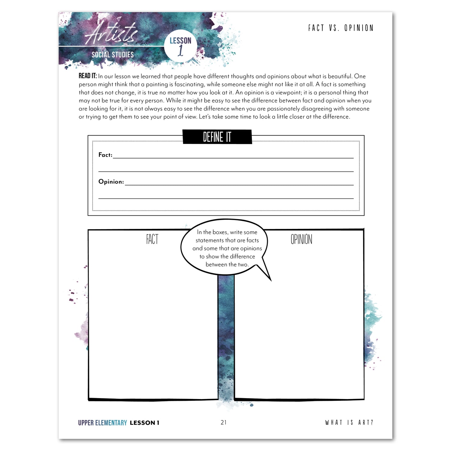 Artist Homeschool Unit Study Upper Elementary Student Book Lesson 1 Page