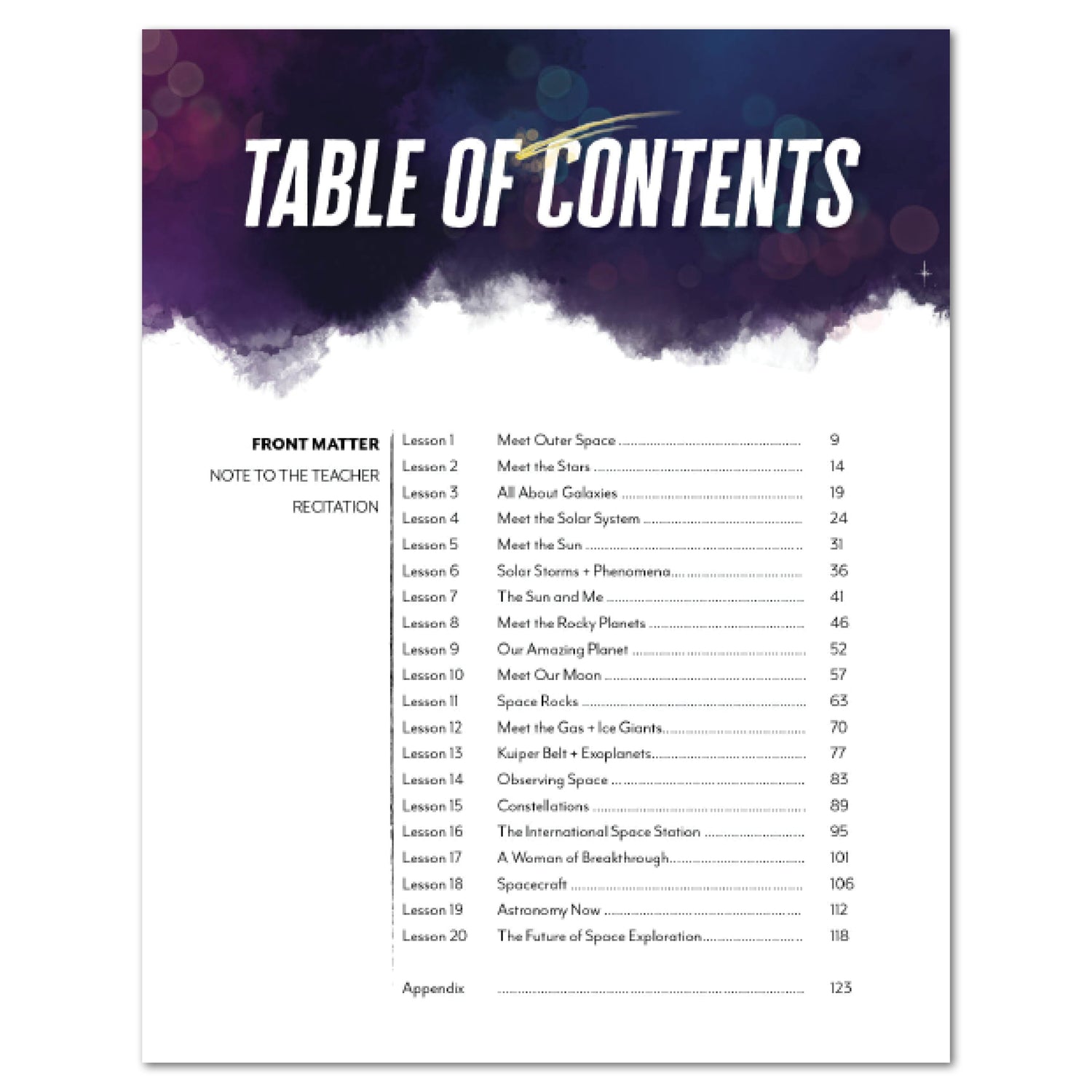 Astronomy Homeschool Unit Study Printed Teacher's Guide Table of Contents