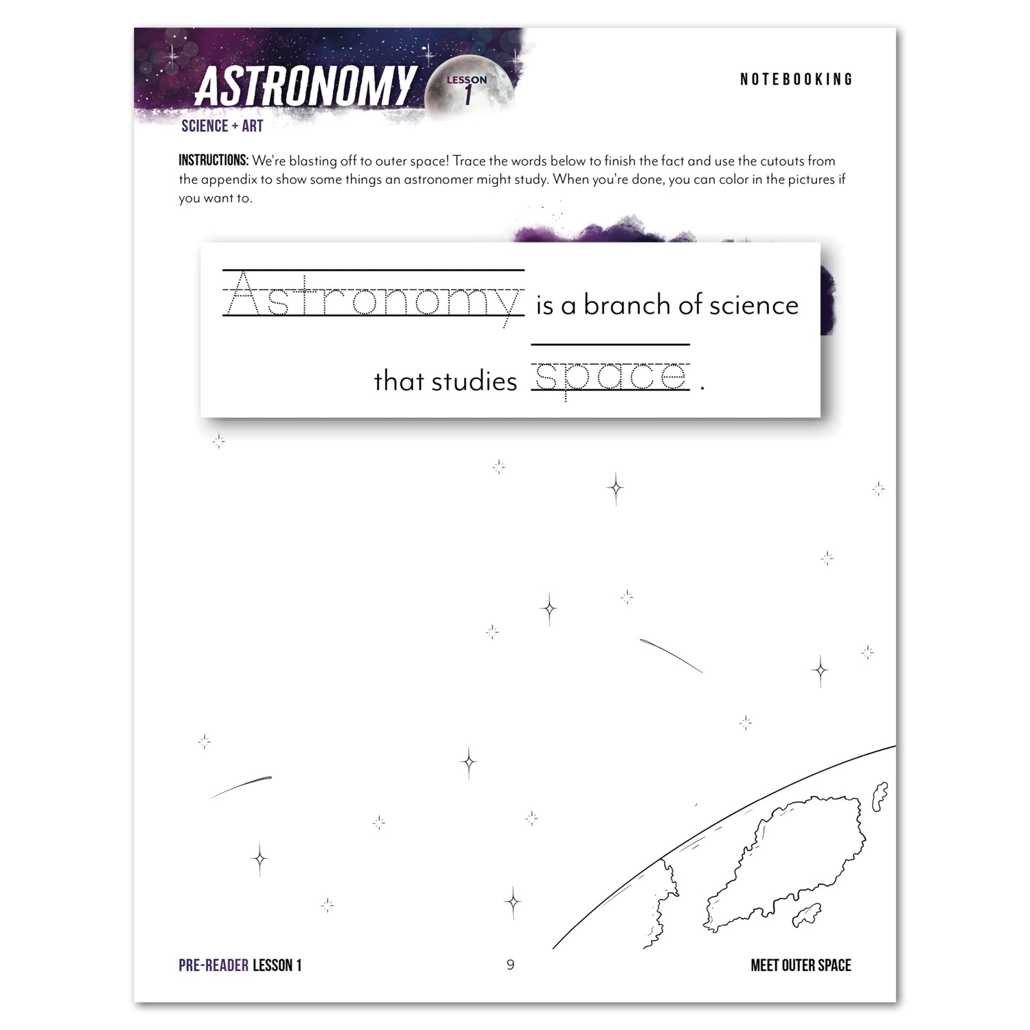Astronomy Homeschool Unit Study Printed Pre-Reader Student Book Lesson 1 Page