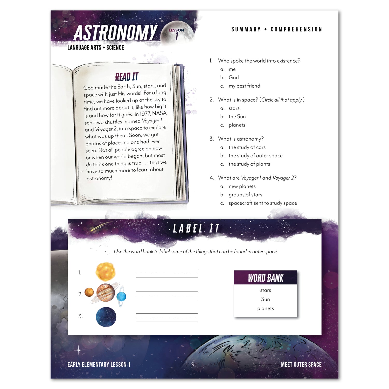 Astronomy Homeschool Unit Study Printed Early Elementary Student Book Lesson 1 Page