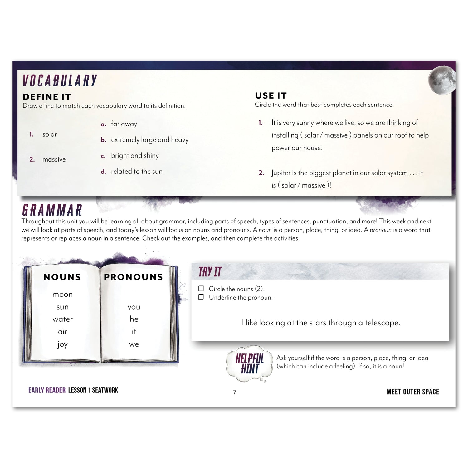 Astronomy Homeschool Unit Study Digital Seatwork Journal Manuscript Early Reader Lesson 1 Vocabulary