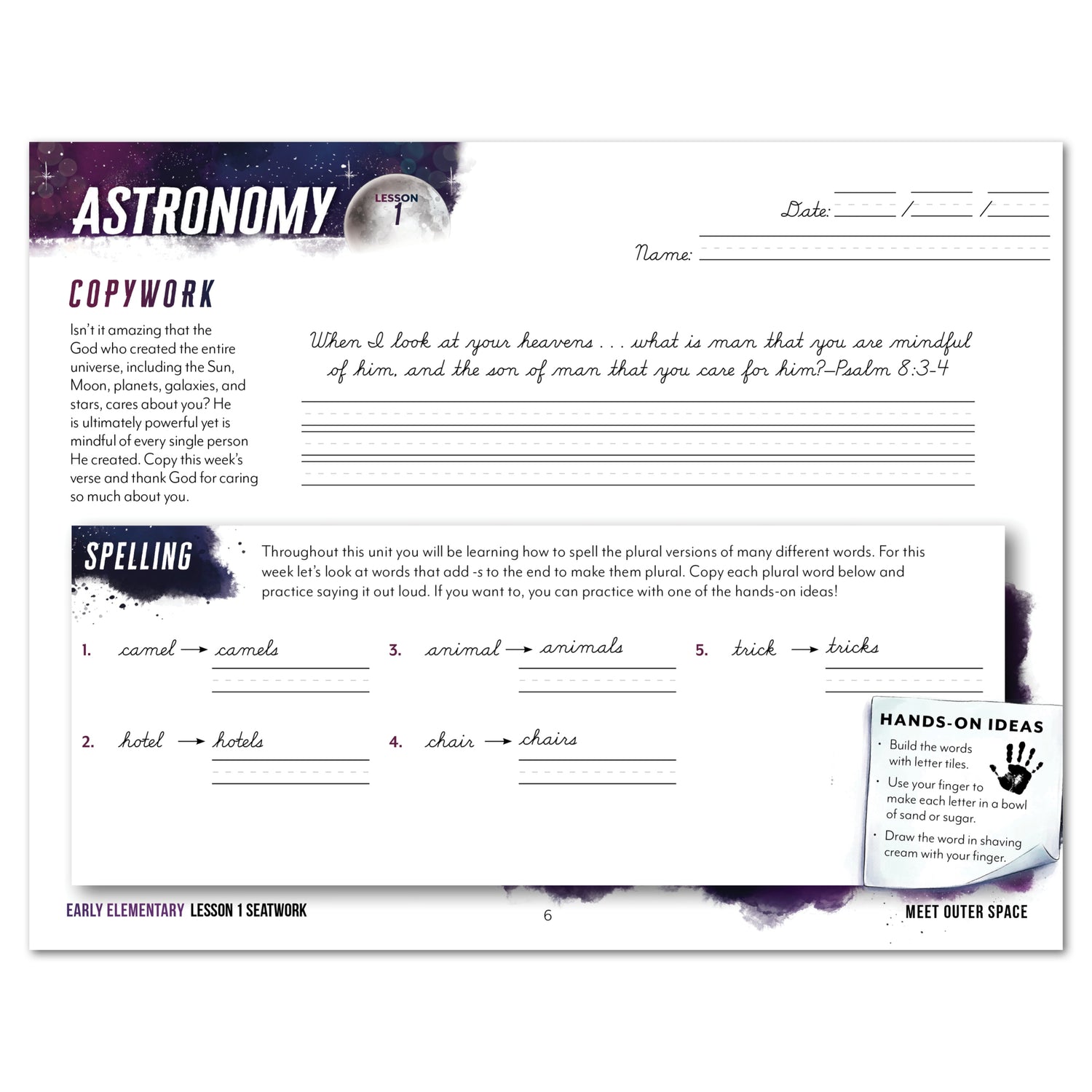 Astronomy Homeschool Unit Study Digital Seatwork Journal Cursive Early Elementary Copypwork Lesson 1