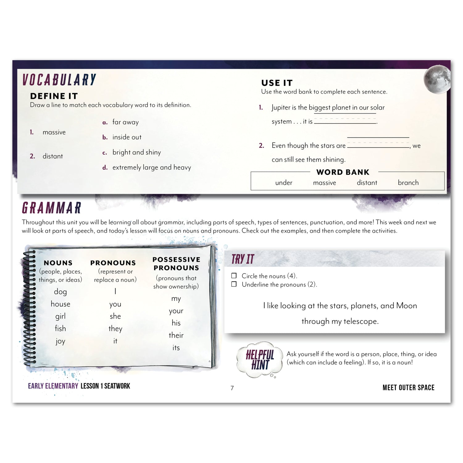 Astronomy Homeschool Unit Study Printed Seatwork Journal Manuscript Early Elementary Vocabulary Lesson 1