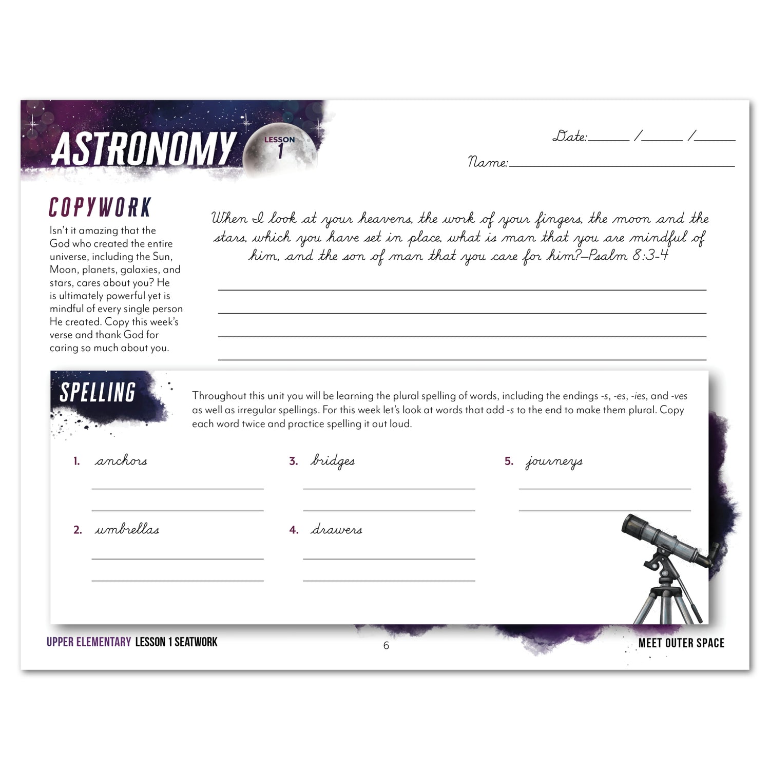 Astronomy Homeschool Unit Study Printed Seatwork Journal Cursive Upper Elementary Copywork Lesson 1