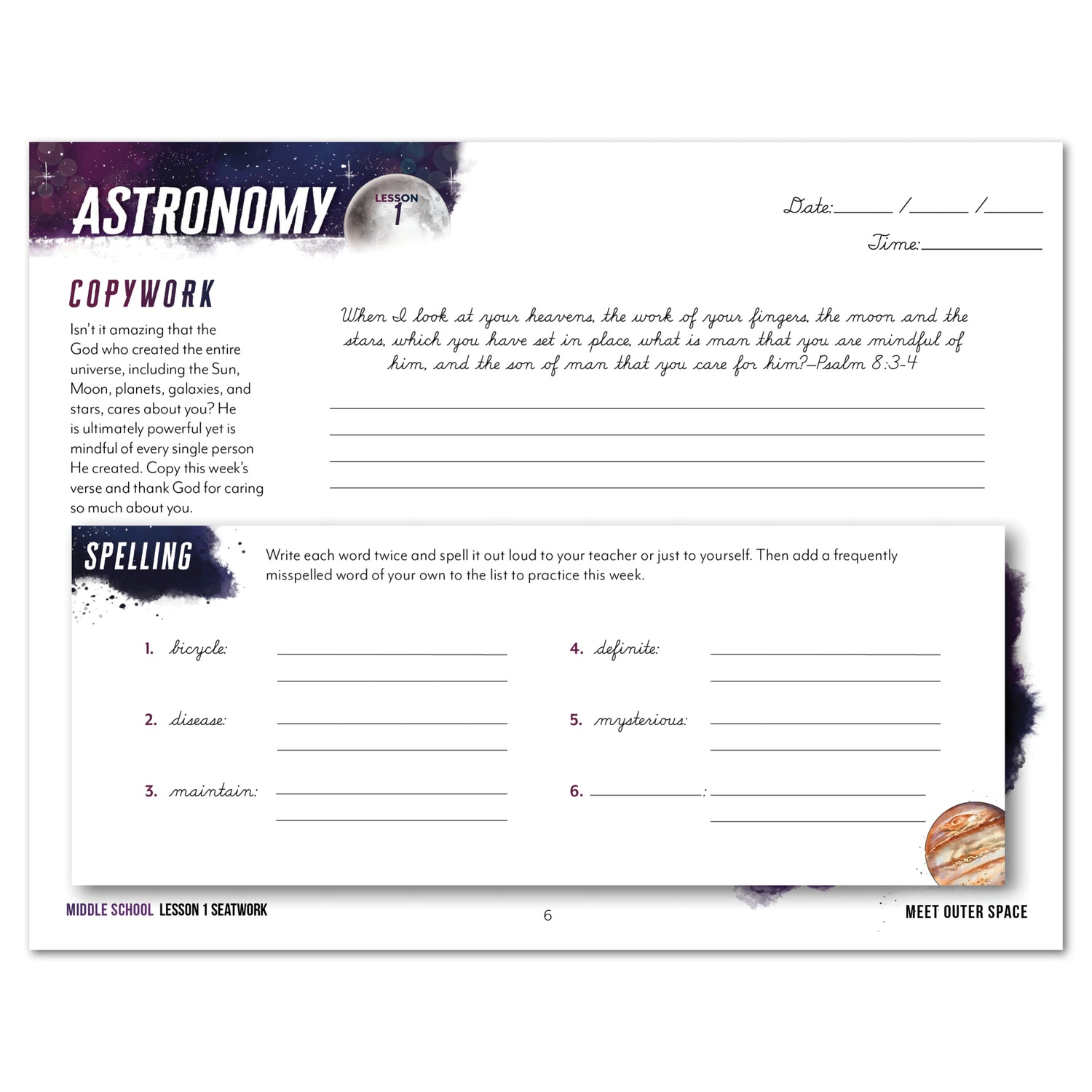 Astronomy Homeschool Unit Study Digital Seatwork Journal Cursive Middle School Copypwork Lesson 1