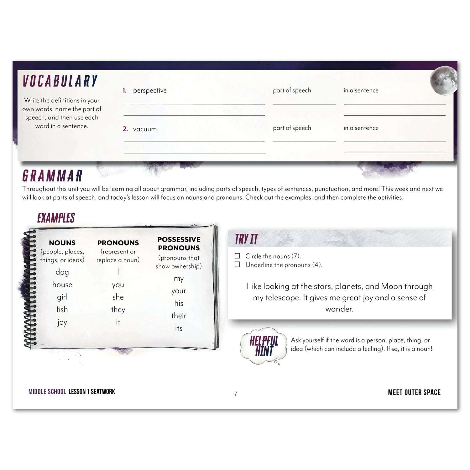 Astronomy Homeschool Unit Study Printed Seatwork Journal Manuscript Middle School Vocabulary Lesson 1