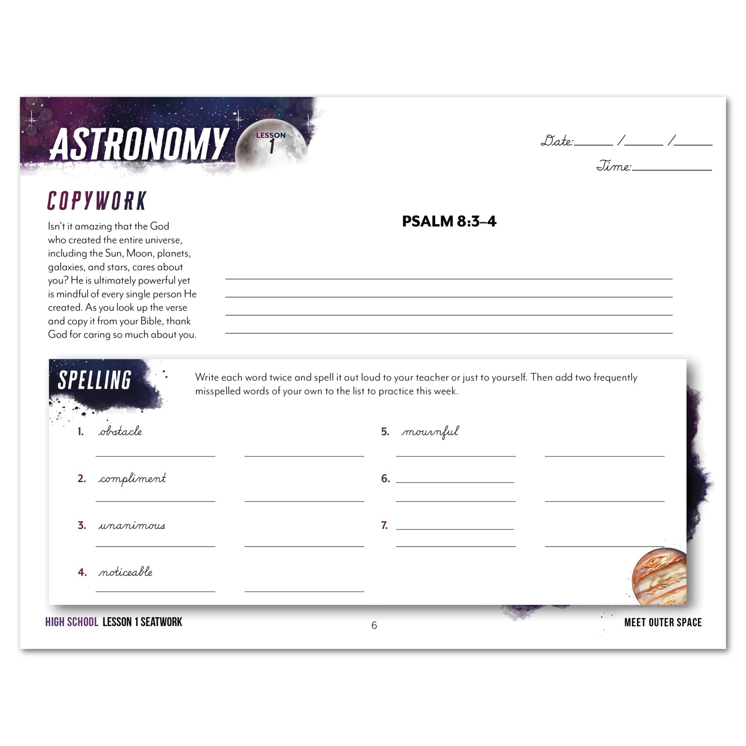 Astronomy Homeschool Unit Study Printed Seatwork Journal Cursive High School Copywork Lesson 1