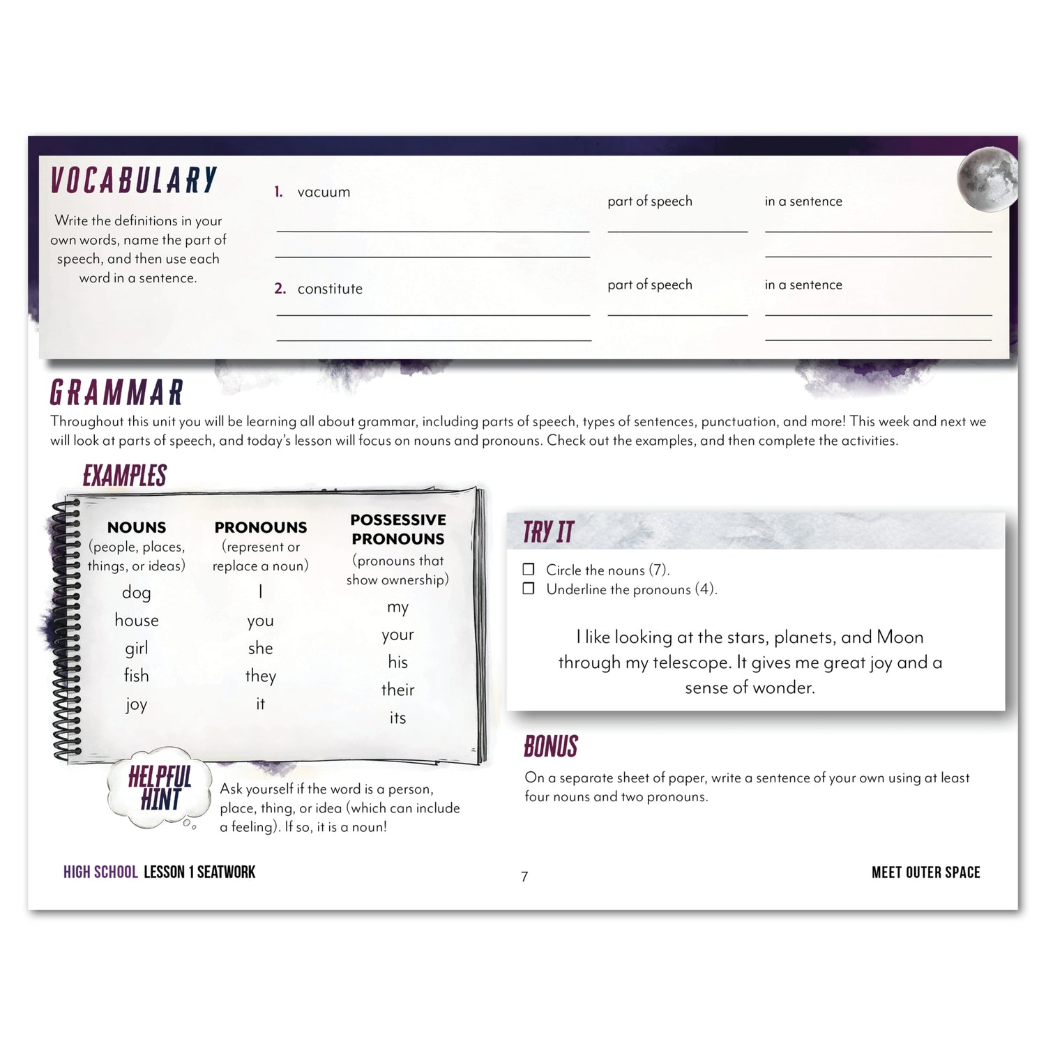 Astronomy Homeschool Unit Study Printed Seatwork Journal Manuscript High School Vocabulary Lesson 1