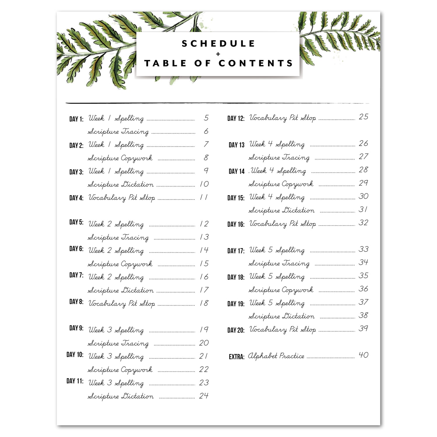 Botany Homeschool Unit Study Digital Cursive Book Schedule and Table of Contents