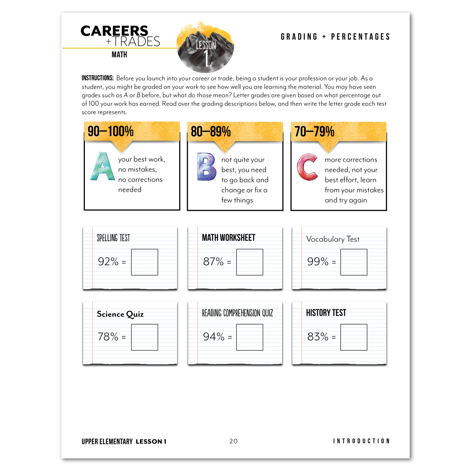 Careers + Trades Homeschool Unit Study Printed Upper Elementary Student Book Daily Lesson Grading and Percentages